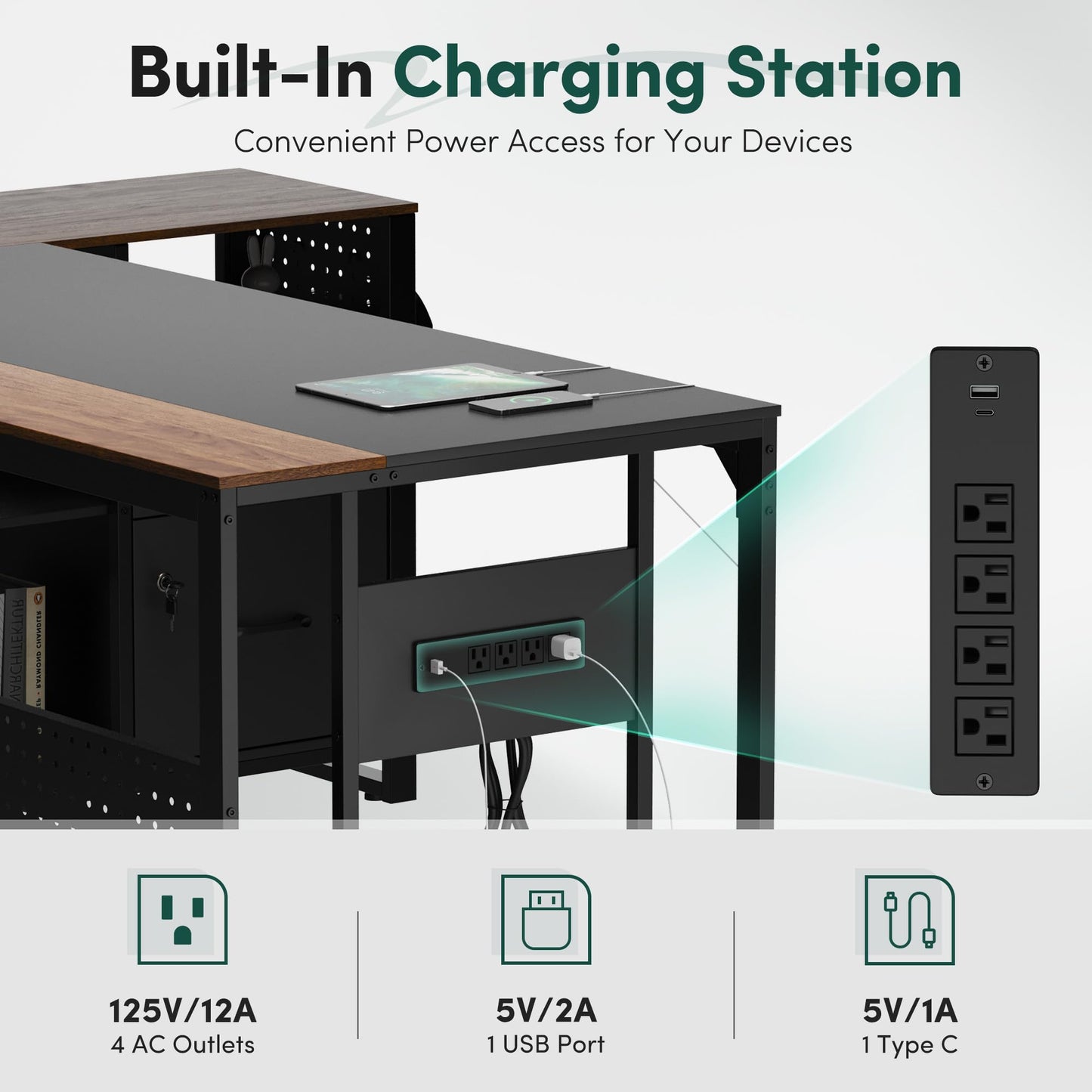 MALOL 70.3" L-Shaped Office Desk, Reversible L-Shaped Computer Desk with Power Outlet, Large Executive Desk with Locked File Drawers & Storage Shelves, Pegboard, Mobile CPU Stand, Modern Corner Desk