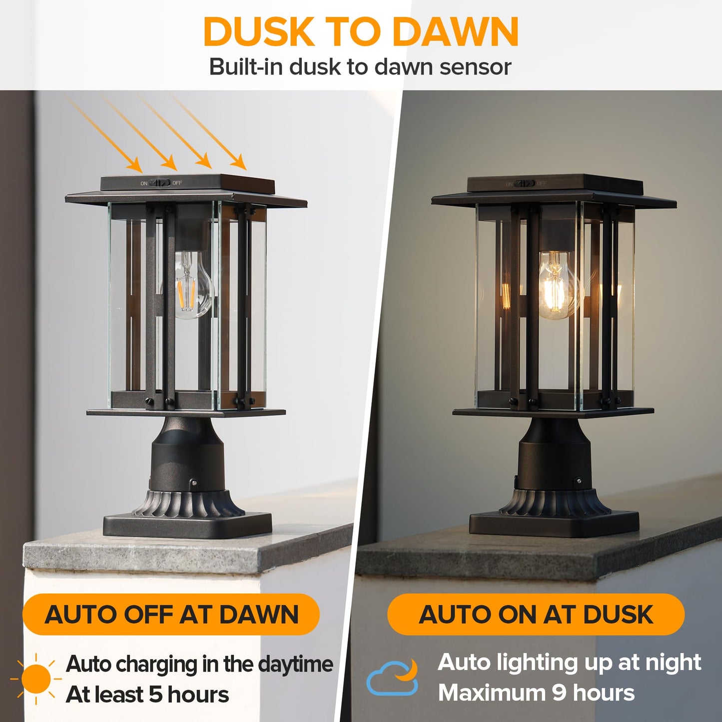 LUTEC Solar Lamp Post Light, Dusk to Dawn, 200 Lumens, Waterproof, Black, Model 6973002012