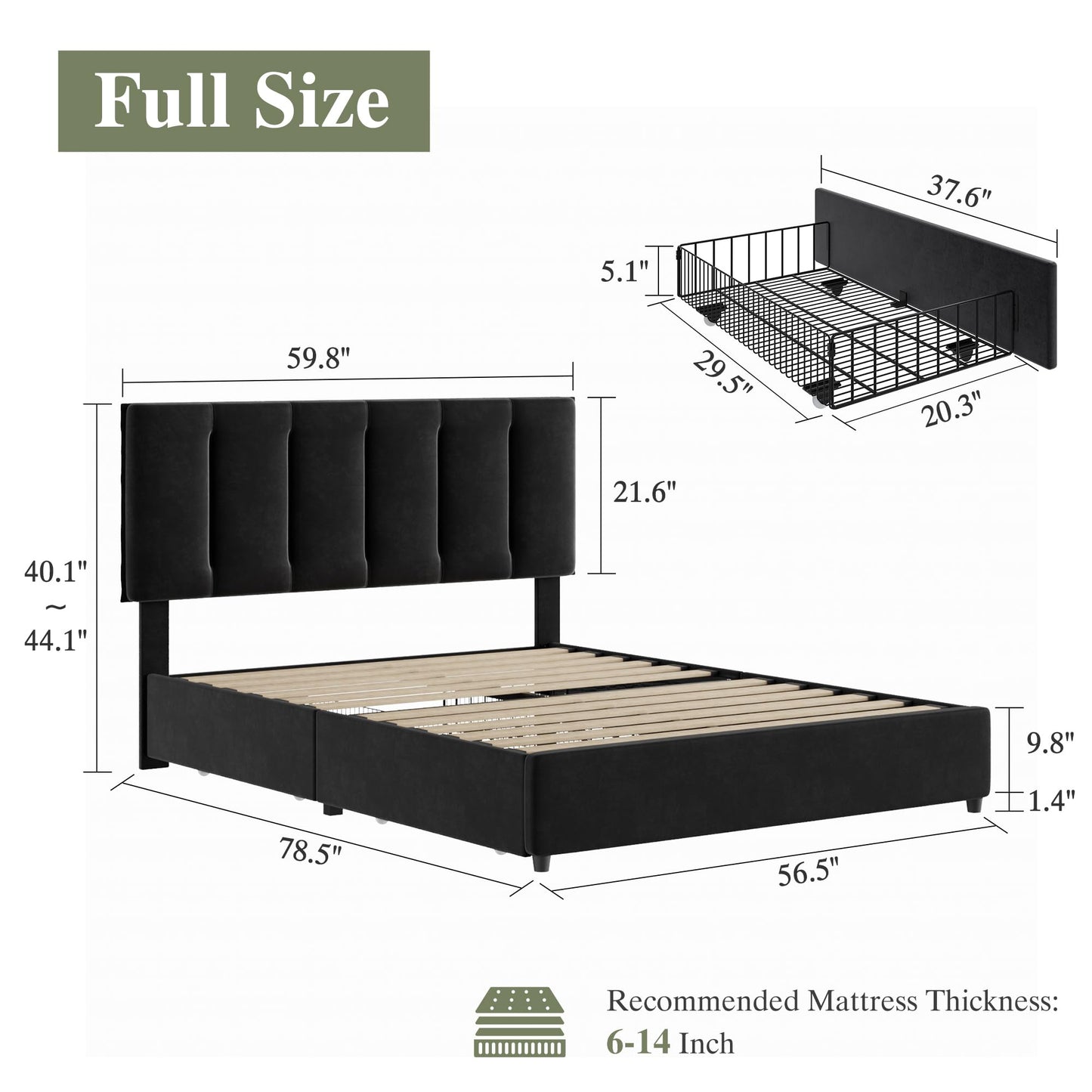 VECELO Full Size Bed Frame with 4 Storage Drawers, Adjustable Height Headboard, Heavy-Duty Platform Bedframe with Strong Wooden Slats, No Box Spring Needed, Black