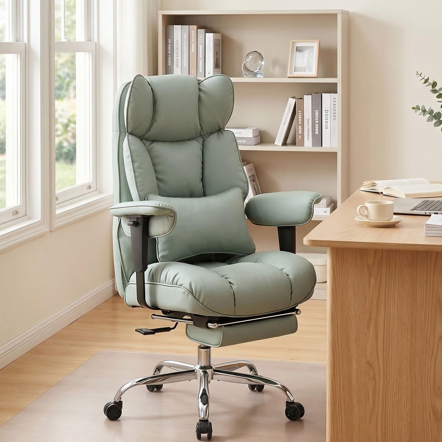 Efomao Big and Tall Office Chair 400lbs - Heavy Duty Reclining Desk Chair with Footrest, Spacious High Back PU Leather Executive Chair, Double-Layer Spring Support, Green