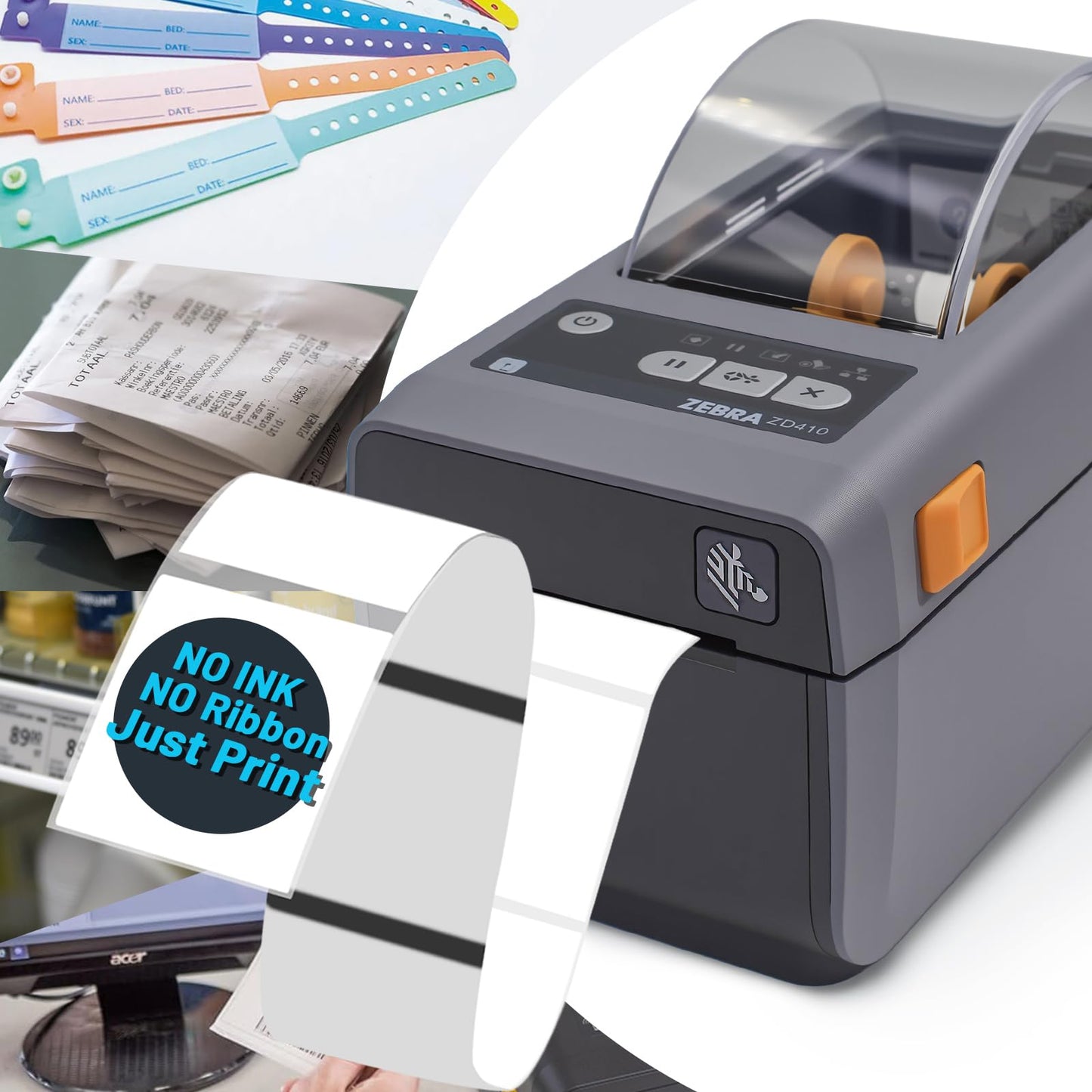 Zebra ZD410 203dpi Direct Thermal Desktop Monochrome Printer Print Width of 2 in Ethernet USB Connectivity, USB Host - ZD41022-D01000EZ