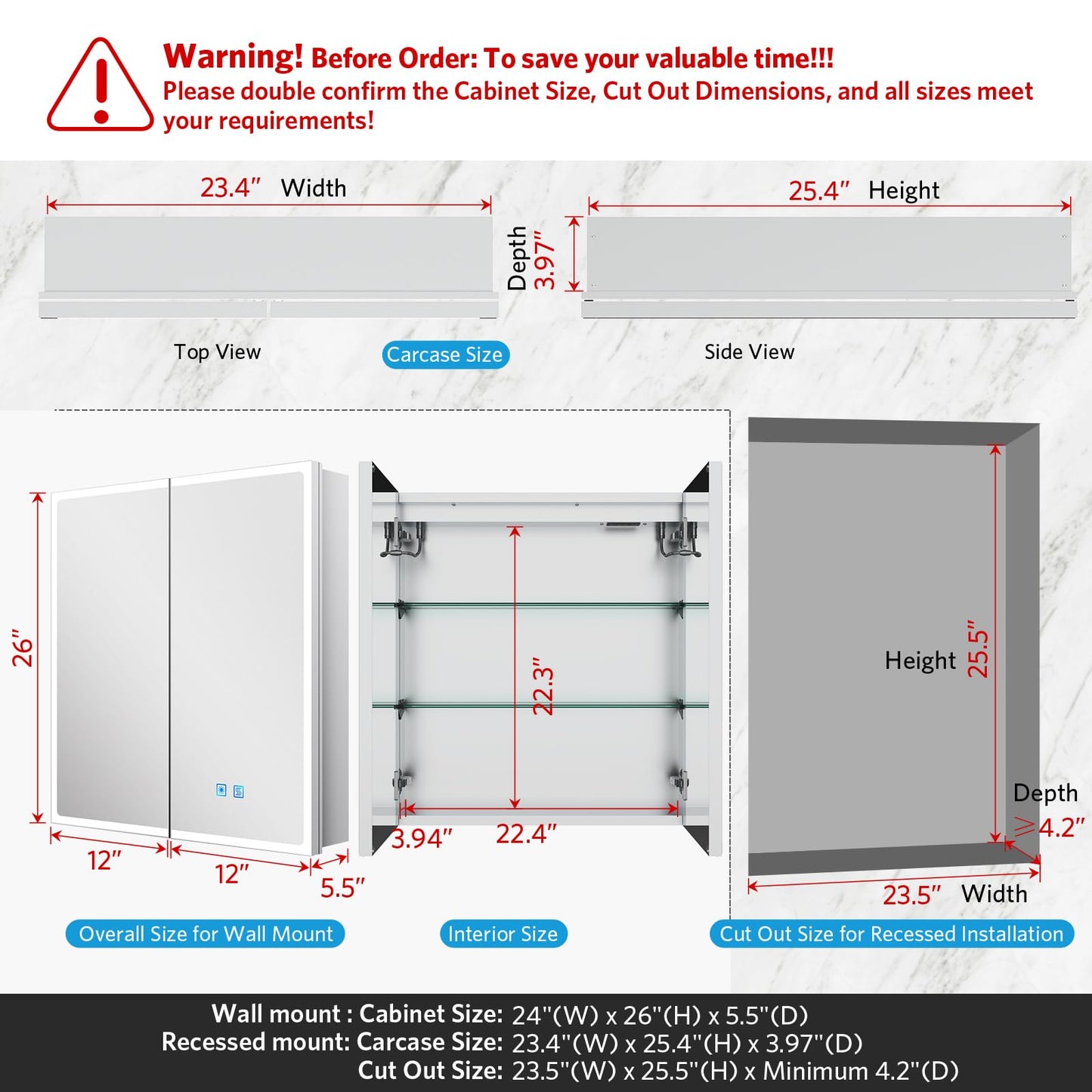 Quavikey 24"x26" LED Mirrored Medicine Cabinet, Recessed or Surface, 2-Door