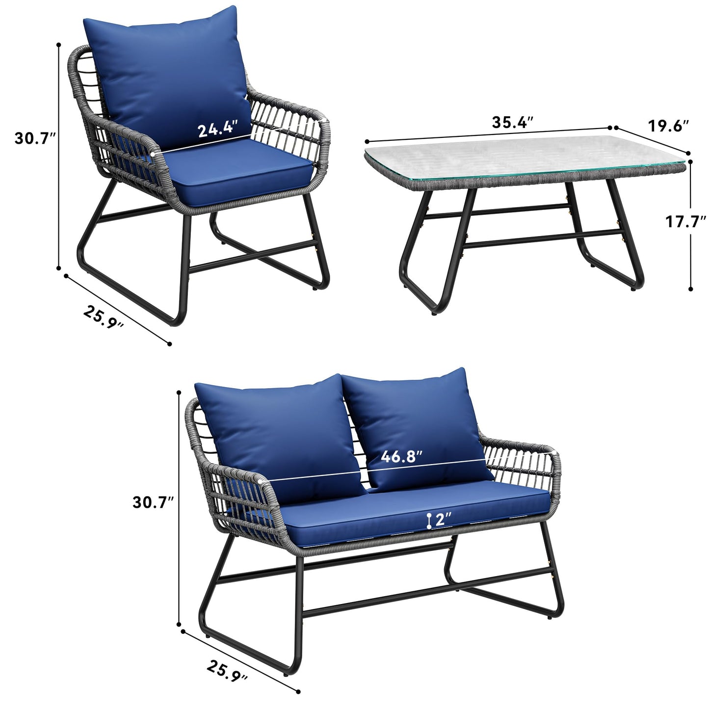 YITAHOME 4 Piece Patio Furniture Set, Wicker Outdoor Bistro Set, All Weather Rattan Patio Conversation Set with Soft Cushions and Glass Side Table for Backyard, Balcony, Deck - Navy Blue