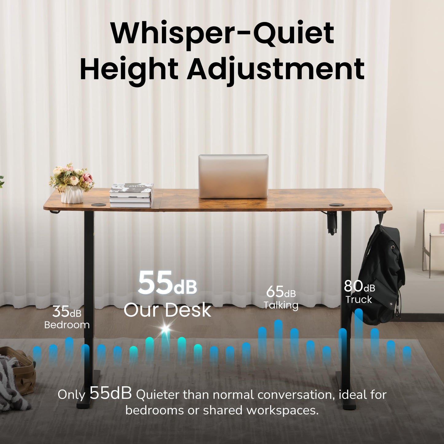Hexago 63 x 24 Inch Height Adjustable Electric Standing Desk, Sit Stand Home Office Desk with Splice Board, Memory Presets, T-Leg Frame – Rustic Brown
