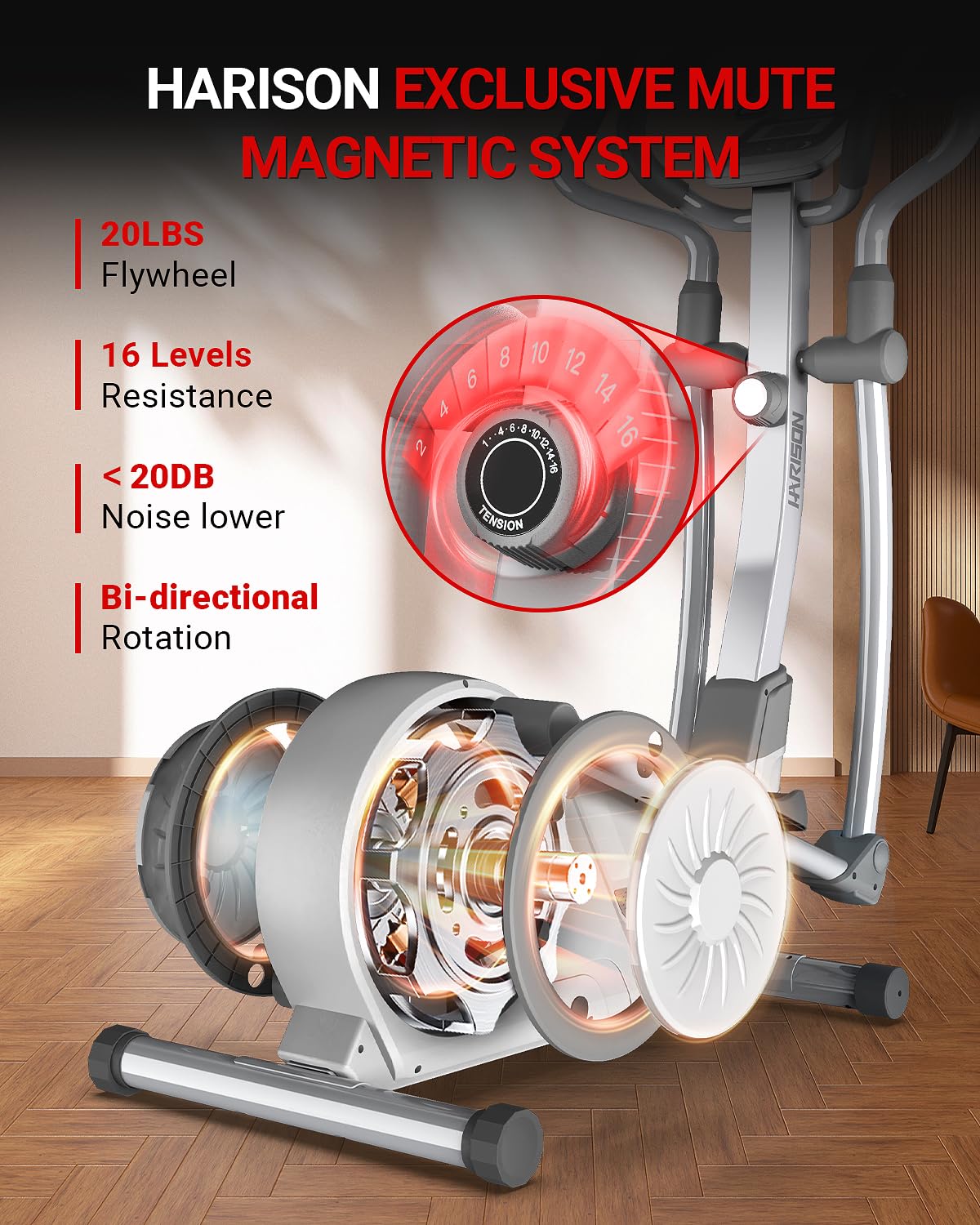 HARISON Elliptical Machine for Home 350 LBS Capacity, Magnetic Elliptical Exercise Machine with 16-Level Resistance Control, Elliptical Trainer (White)