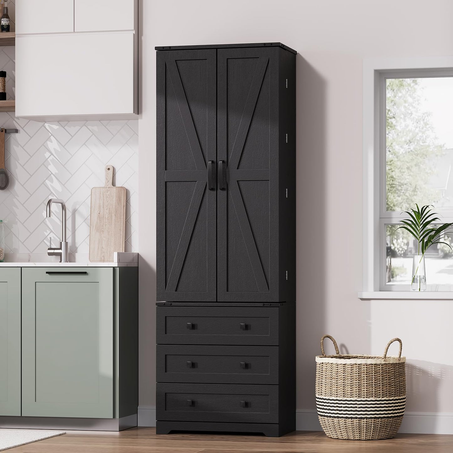 Garvee 72'' Tall Kitchen Pantry Cabinet, Freestanding Tall Cupboard Storage Cabinet with 3 Drawers, Adjustable Shelves, Large Farmhouse Pantries for Living Room, Kitchen, Black