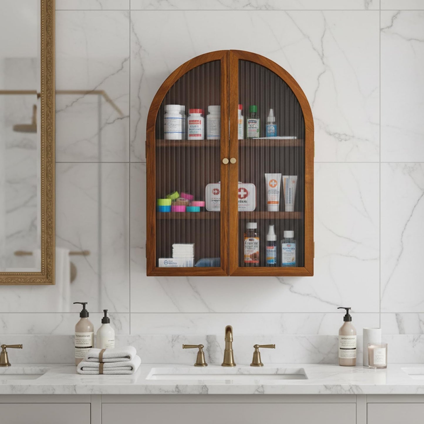MyGift Medicine Cabinet, Arched Wall Cabinet, Bathroom Medicine Wall Mounted Cupboard, Mid Century Style Floating Storage Cabinet with Glass Door, Natural Acacia Wood