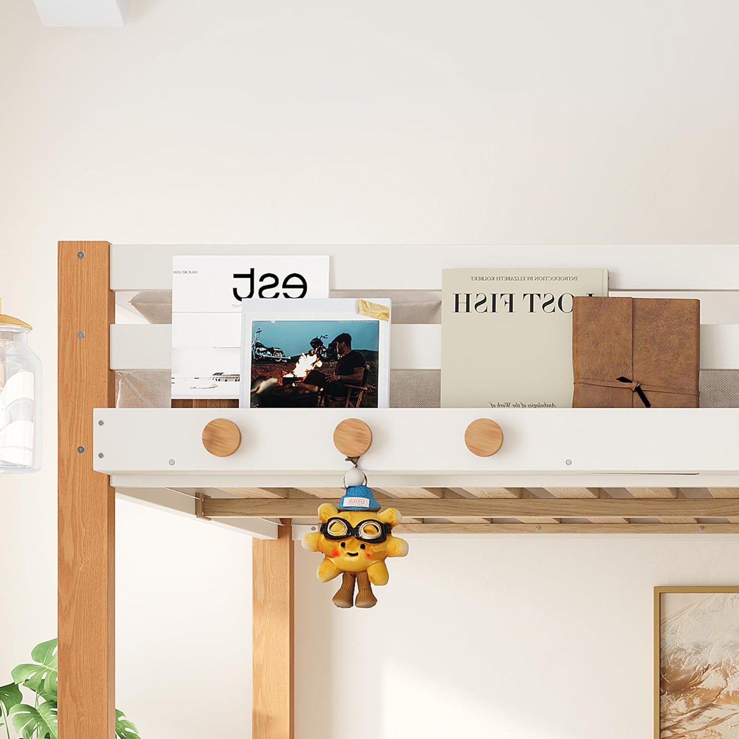 KEIKI Full Size Wooden Loft Bed Frame with Staircase & Clothes Hook & Built-in Storage Shelves, Modern Loft Bed with Solid Slat & Guardrail, No Box Spring Required, Easy Assembly, for Bedroom, Beige