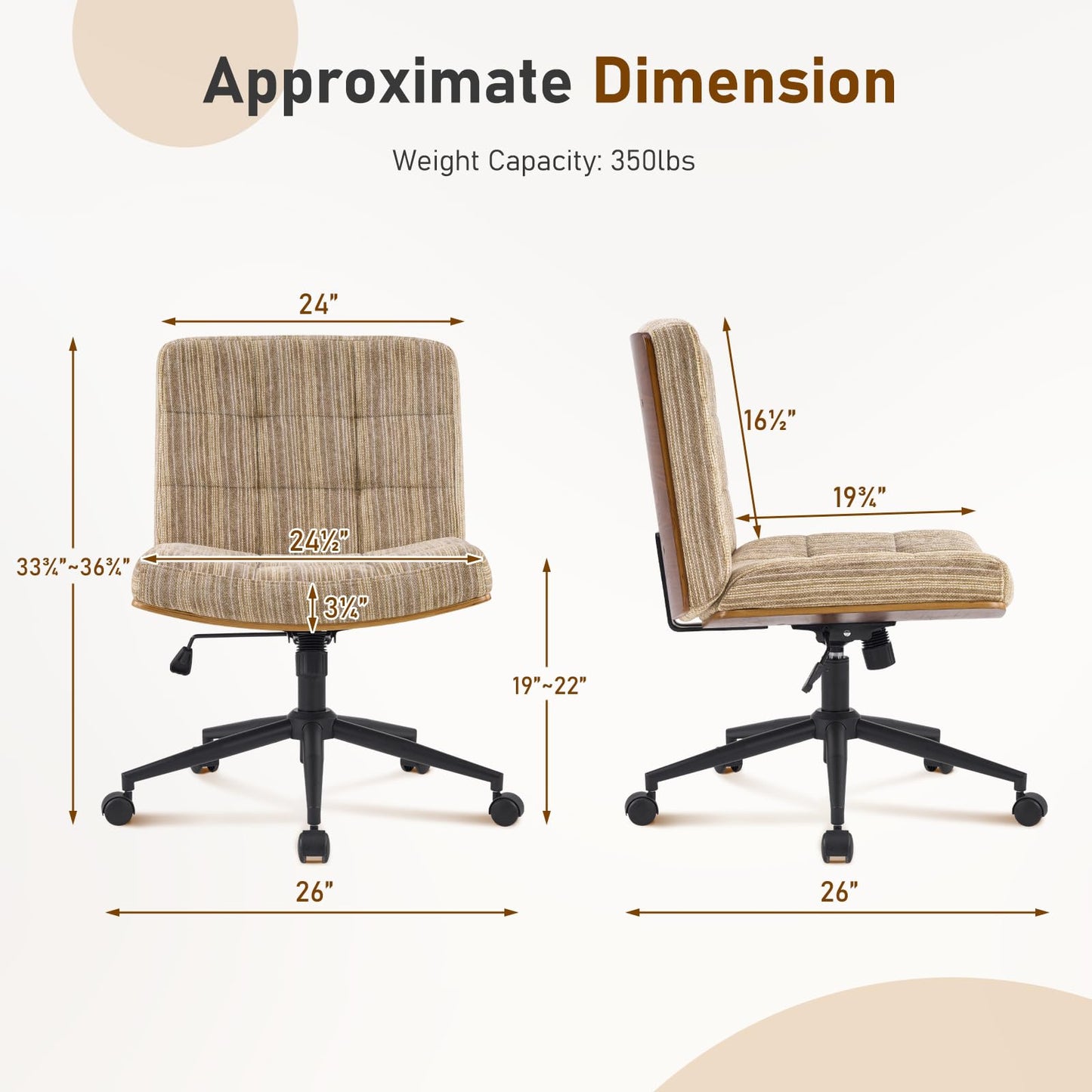 Furnimart Heavy-Duty Curved FSC Wood Desk Chair 360° Swivel, Premium Chenille Criss Cross Chair with Wheels Wide Seat, Comfy Armless Cross Legged Sitting for Bedroom, Office, Vanity (Light Brown)