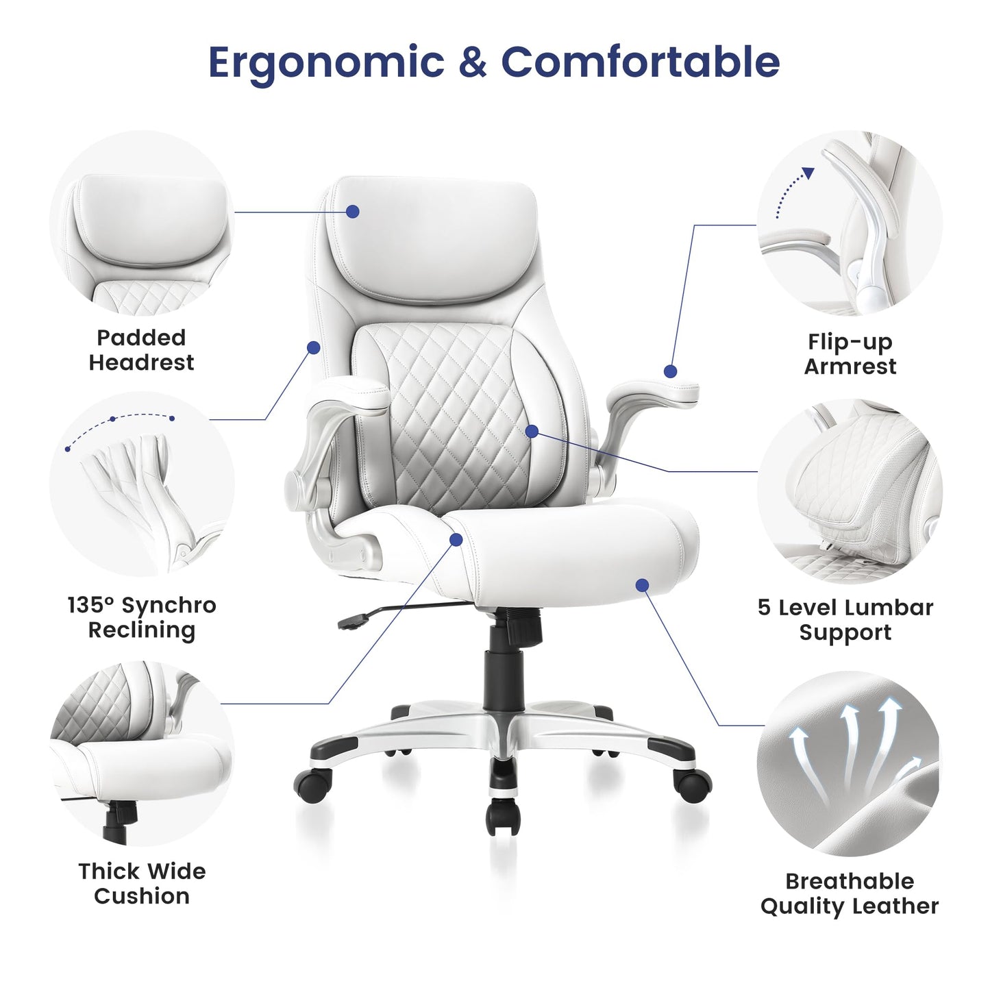 Nouhaus Ergonomic Office Chair Premium Leather Adjustable Lumbar Support & Armrests, High Back Comfy Desk Gaming Chairs Executive Computer Swivel Chair Tilt Function(Posture,White)