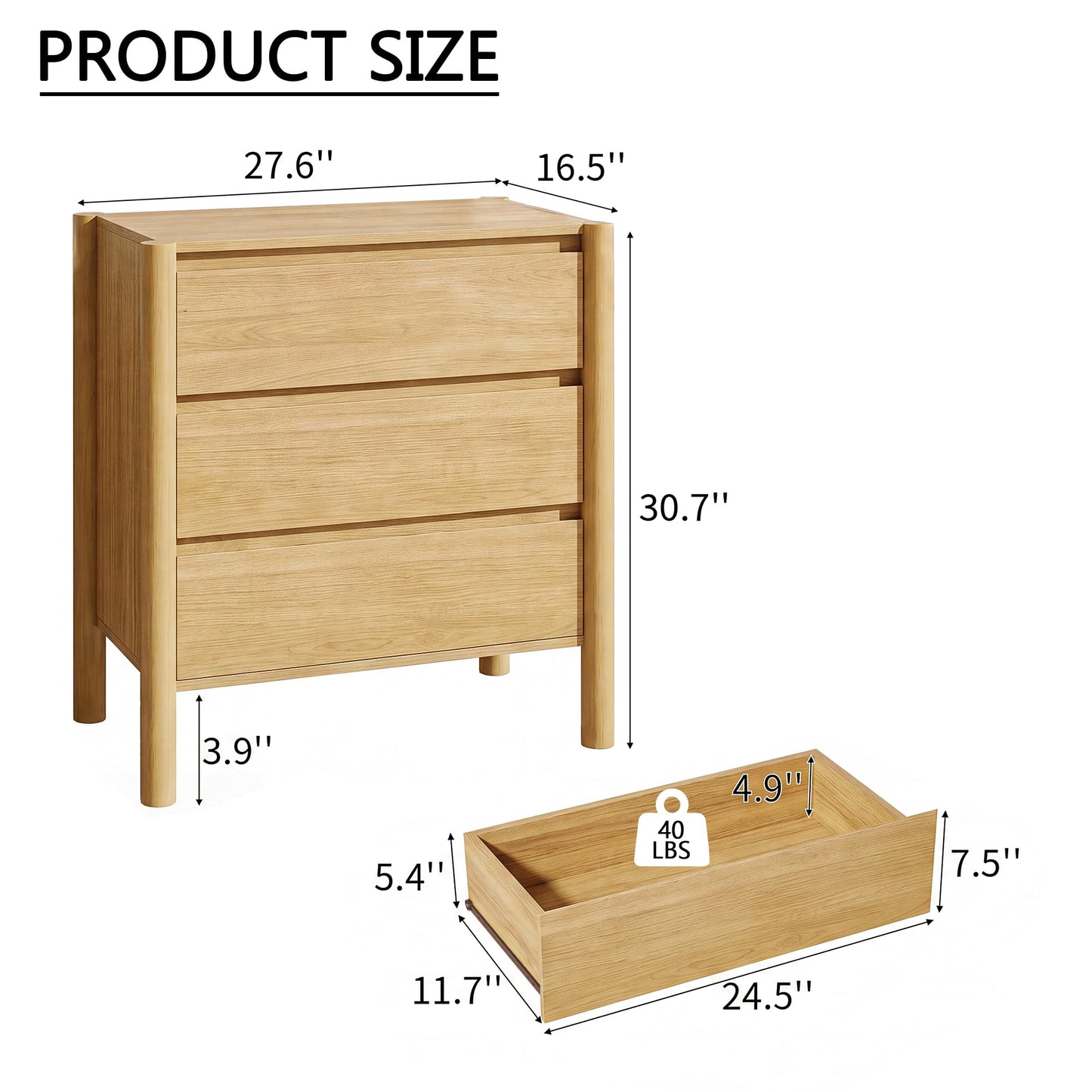 HOUROM Oak3-Drawer Dresser for Bedroom,Oak Mid-Century Modern Chest with Solid Wood Legs,Concealed Handle,Large Wood Storage Organizer,Small Wooden Storage Bedside Table Nightstand for Bedroom