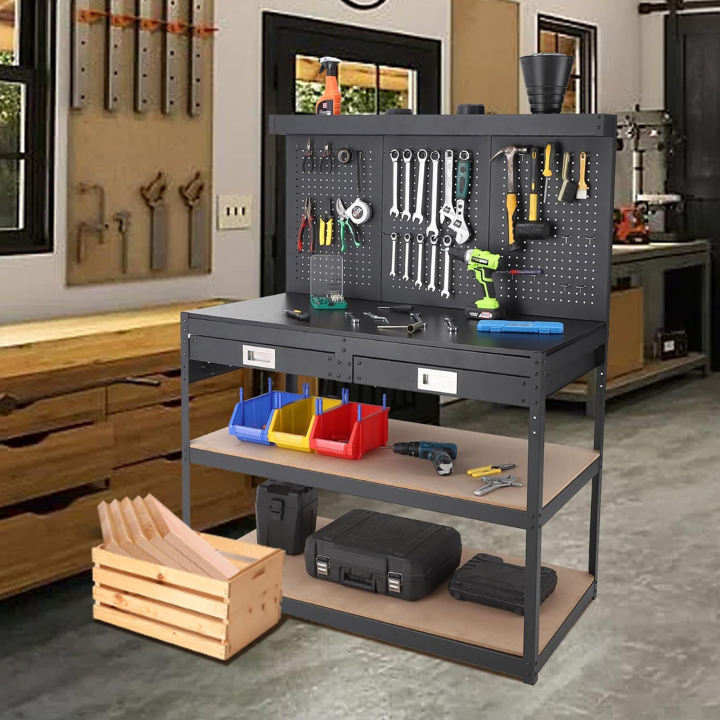 48" Workbench, 3-Tier Metal Work Benches for Garage, 1000 LBS Capacity Heavy Duty Table with 2 Drawers, Pegboard & ETL-Certified Power Outlets for Workshop, Home, Office