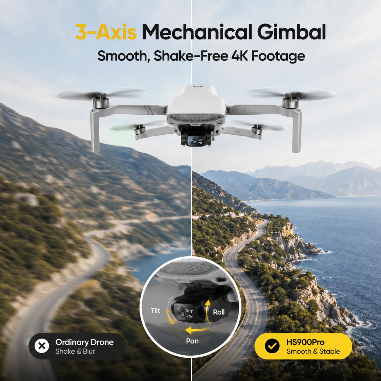 Holy Stone Drones with Camera for Adults 4K, 48MP 8K Photos, 4K/30FPS Video, 3-Axis Gimbal, GPS Auto Return, 10KM 5.8GHz Transmission, 60-mins Fly Time, AI Quick Shots, Under 249g (Gray)