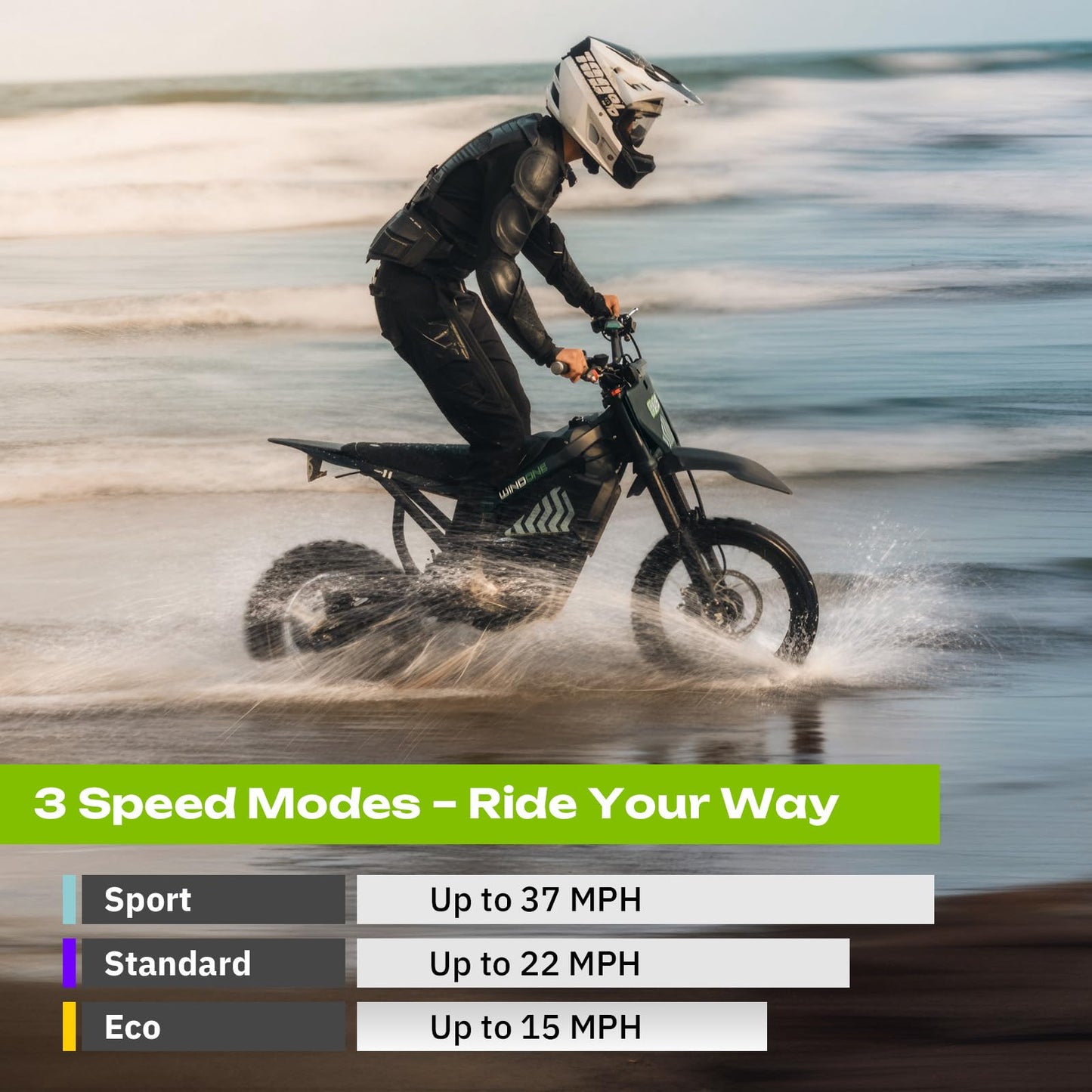 Windone RS5 Electric Dirt Bike for Teens & Adults (13+), Up to 37 MPH, 45 Miles Range, 2200W Peak Motor, 14"/12" Off-Road Tires, Hydraulic Suspension, 3-Speed Modes Electric Motorcycle (Light Green)