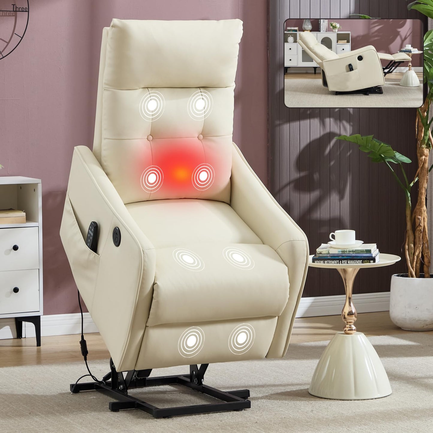 KEIKI Single Motor Power Lift Recliner Chair with Massage and Heat for Living Room, Synthetic Leather Upholstery with USB Charging Port and Side Pockets for Seniors
