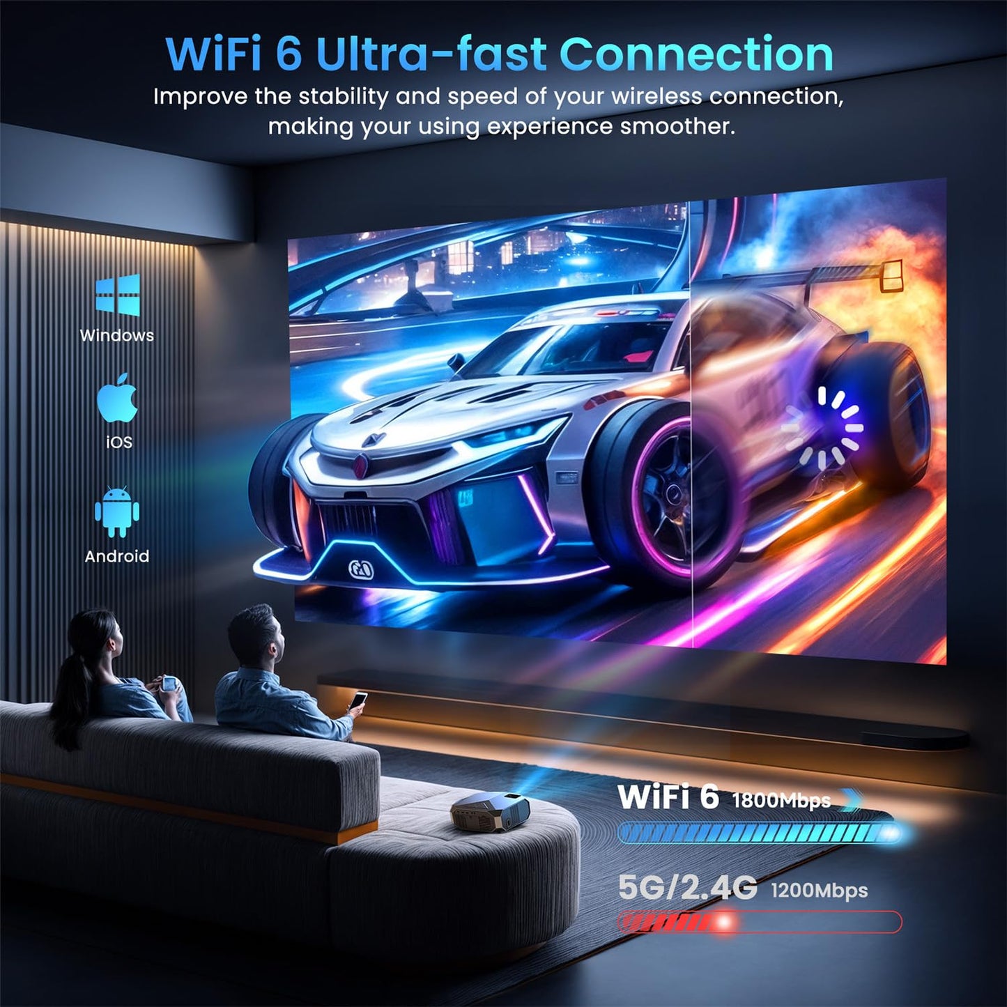 [Compatible with Netflix/High Brightness] Smart Projector with WiFi 6 and Bluetooth 5.3, 4K Outdoor Movie Projector with Prime Video/YouTube, Portable Proyector Compatible with HDMI/USB/iOS/Android