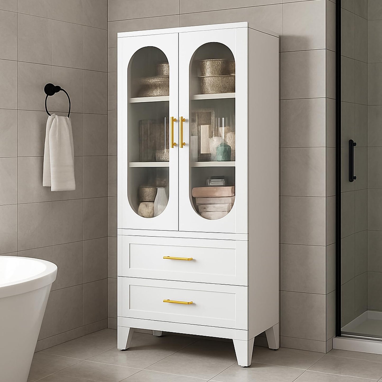 GarveeLife Tall Pantry Cabinet 73" h x 14" d, White Freestanding Storage Cabinet with 2 Large Drawers & Adjustable Shelves & Fluted Glass Door for Kitchen, Bathroom, Office & Hallway