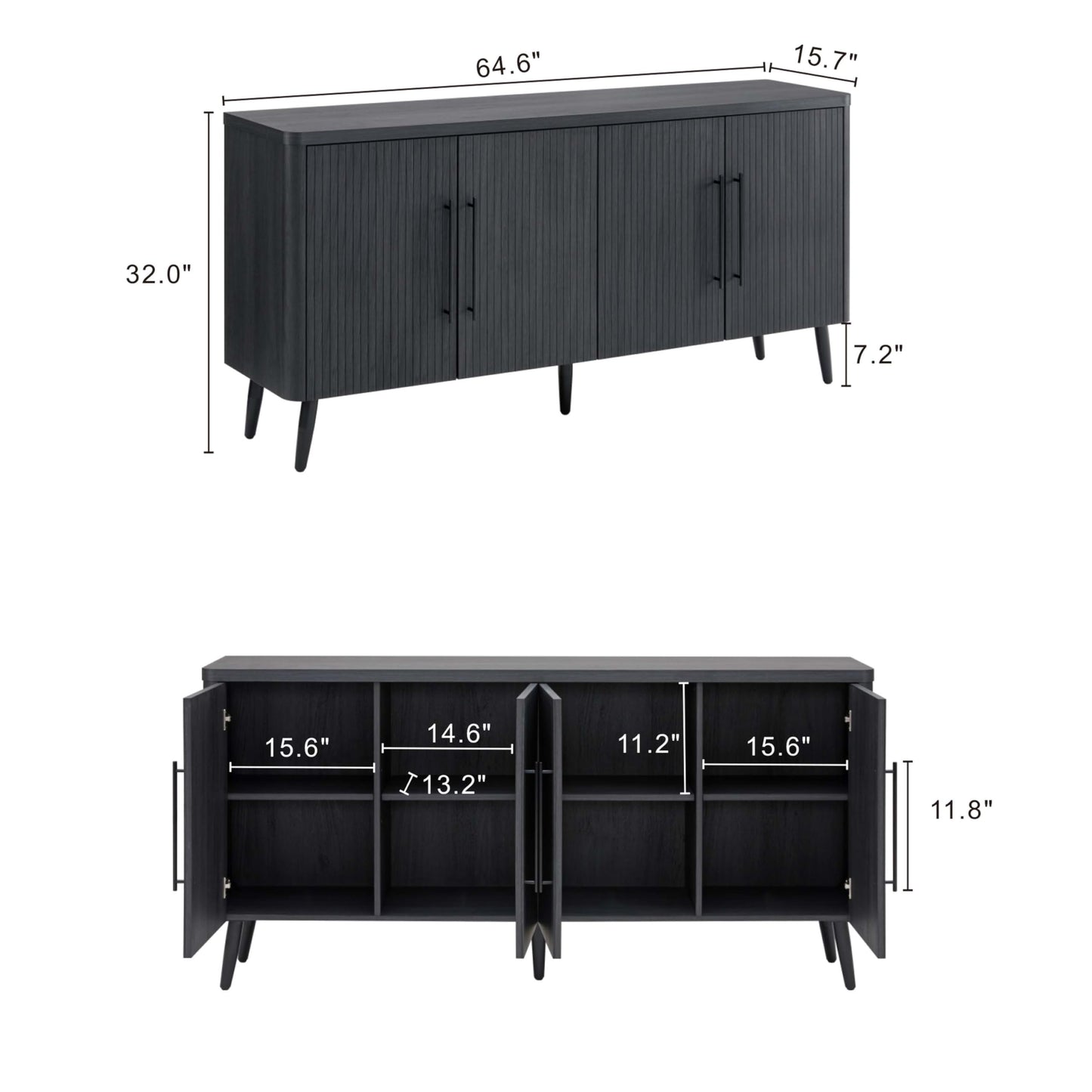 Manhattan Comfort Jodie 64" Sideboard Cabinet with Storage, Ribbed Soft-Close Doors & 8 Adjustable Cubby Shelves, Mid Century Modern Buffet Table for Entryway, Living Room or Office, Charcoal Grey