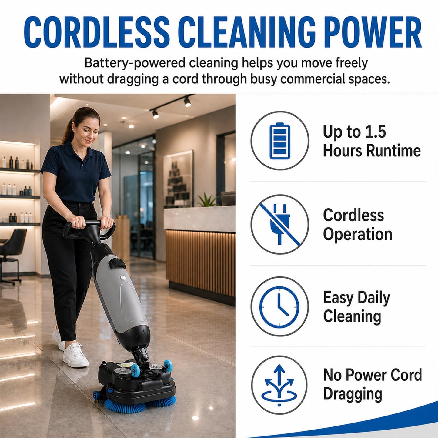 Commercial Floor Scrubber Machine, Compact Battery Powered Walk-Behind Floor Cleaner with Squeegee, Mini Floor Scrubber for Office, Salon, Restaurant & Small Spaces