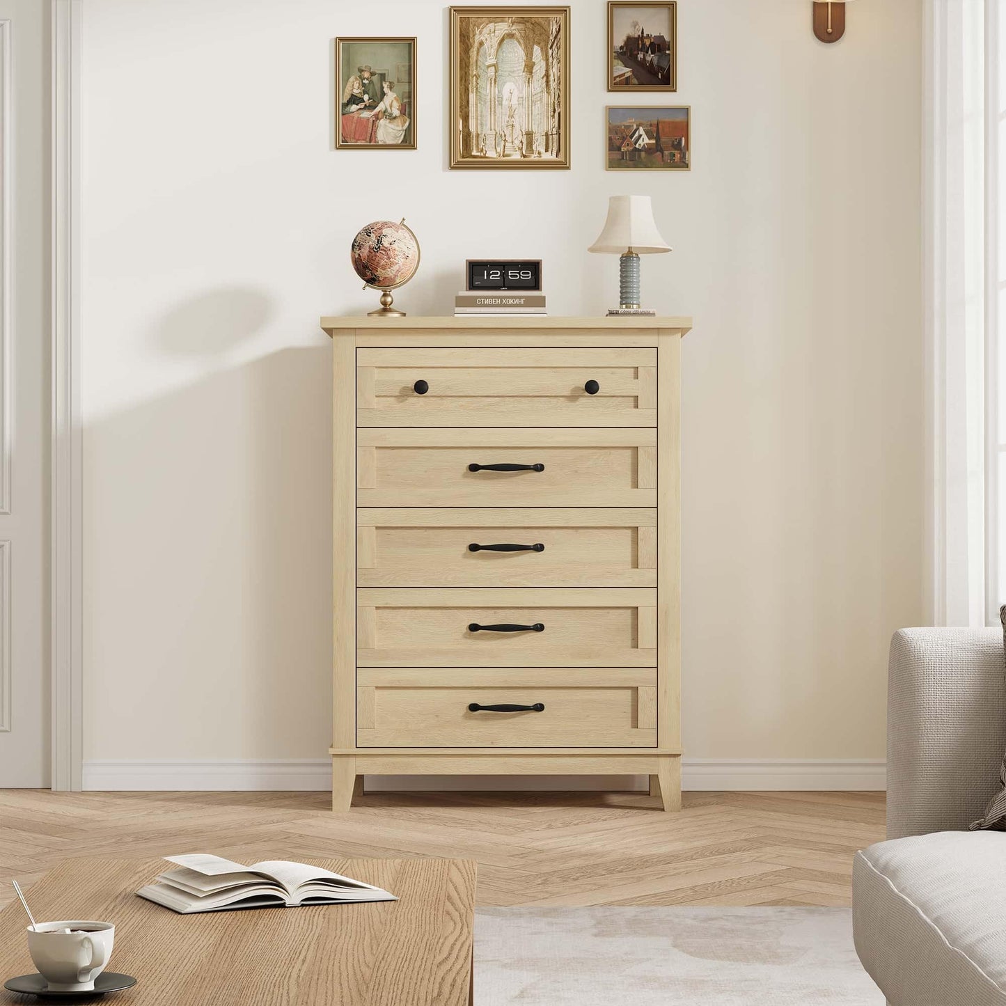 GarveeHome 5 Dresser for Bedroom, 41.3 in Tall Vertical Drawer Dresser with Large Storage, Freestanding Wooden Closet Chest for Bedroom, Living Room, Natural Oak