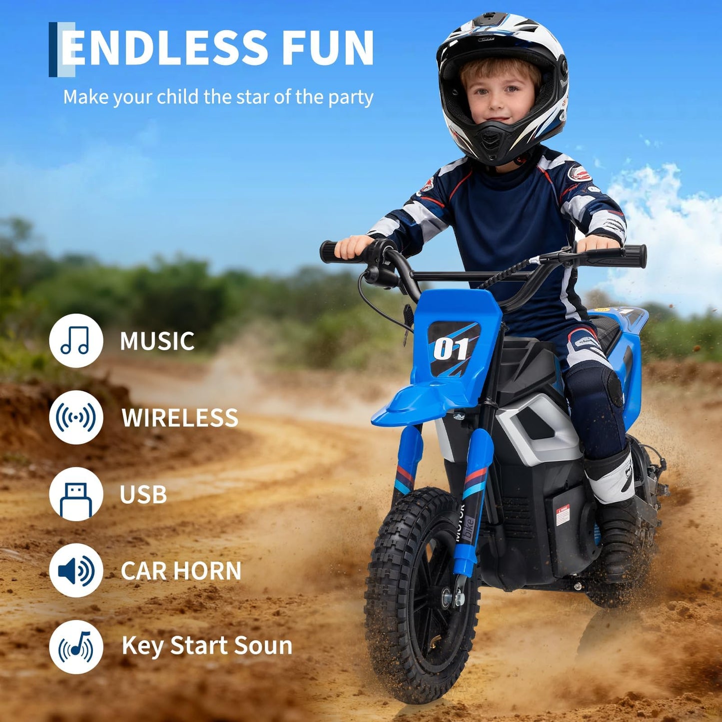 Garvee 24V Kids Electric Dirt Bike - 350w Kids Motorcycle, 13.67 Mph Max Speed Electric Bike for Kid, Rear Wheel Suspension, 12 Miles Range, Twist Grip Throttle, Rubber Tire, Blue