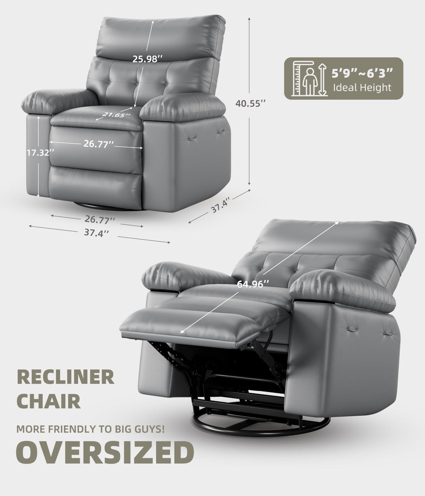 IDEALHOUSE Power Recliner Chair with Massage and Heat, Leather Fabric Reclining Sofa Chair, 360° Swivel Recliner Chairs with Cup Holder for Living Room, Bedroom, Nursery, Grey1