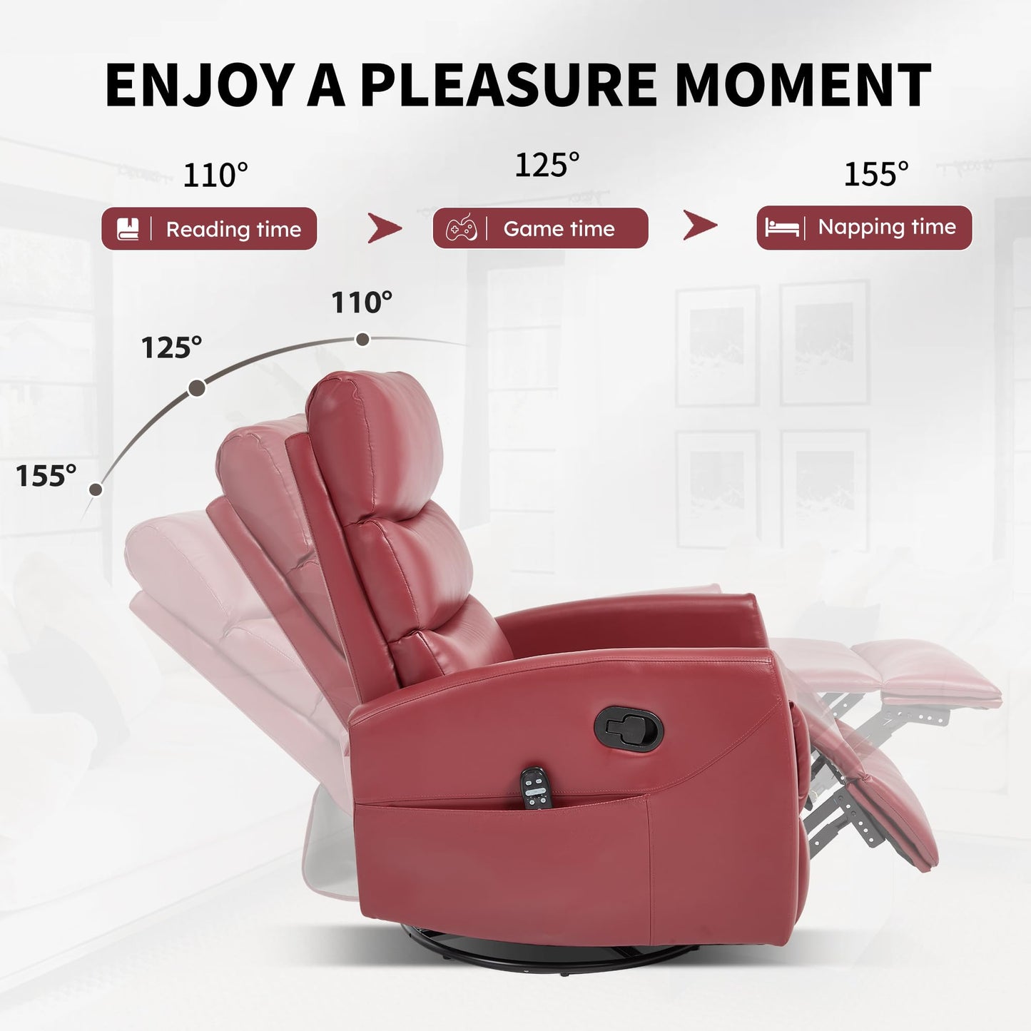 KEIKI 4-in-1 Manual Swivel Rocker Recliner Chair for Home Living Room, Faux Leather Chair with Back Massager & Heat, Home Theater Seating with Lumbar Support, Comfy Reading Chairs for Adults, Red