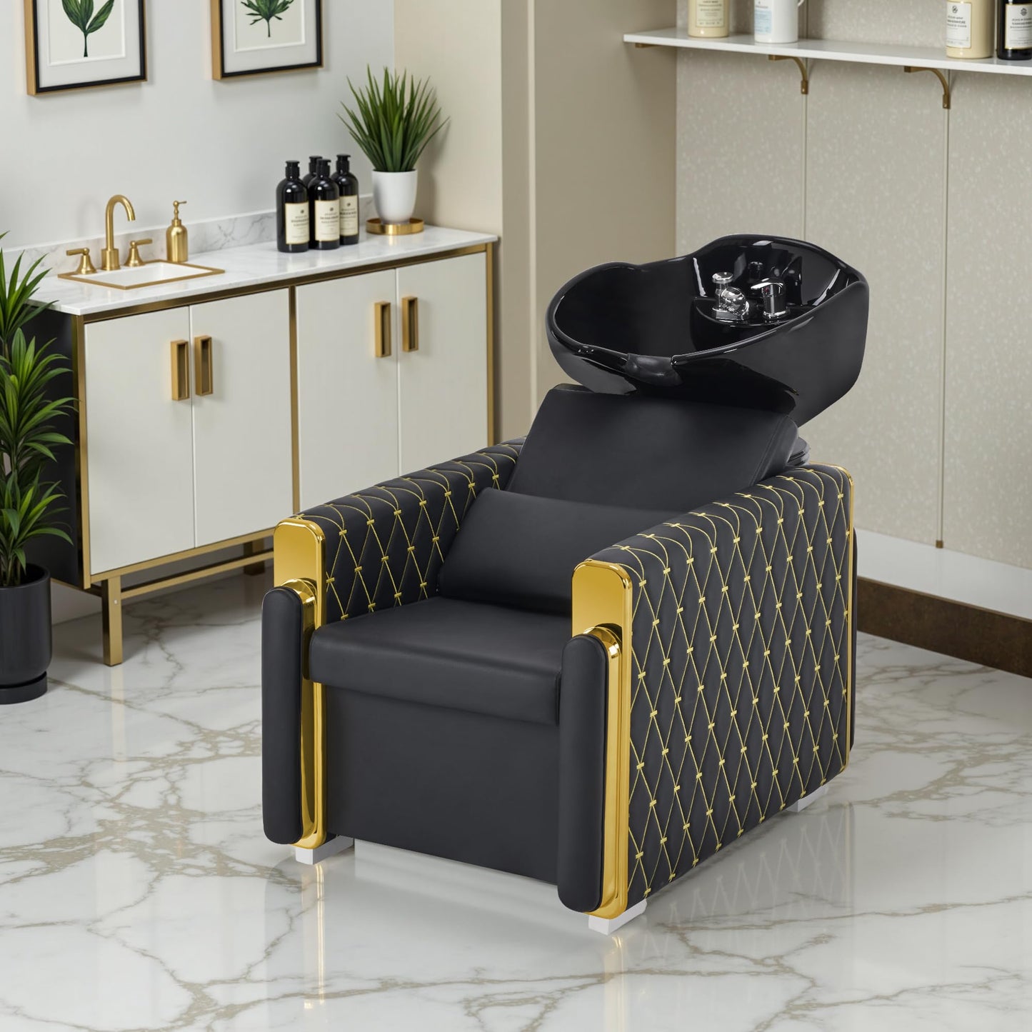 BarberPub Backwash Shampoo Station Chair, Porcelain Ceramic Bowl Sink Unit for Hair Stylist, Gold&Black Shampoo Chair with Vacuum Breaker for Beauty Spa Salon 8690