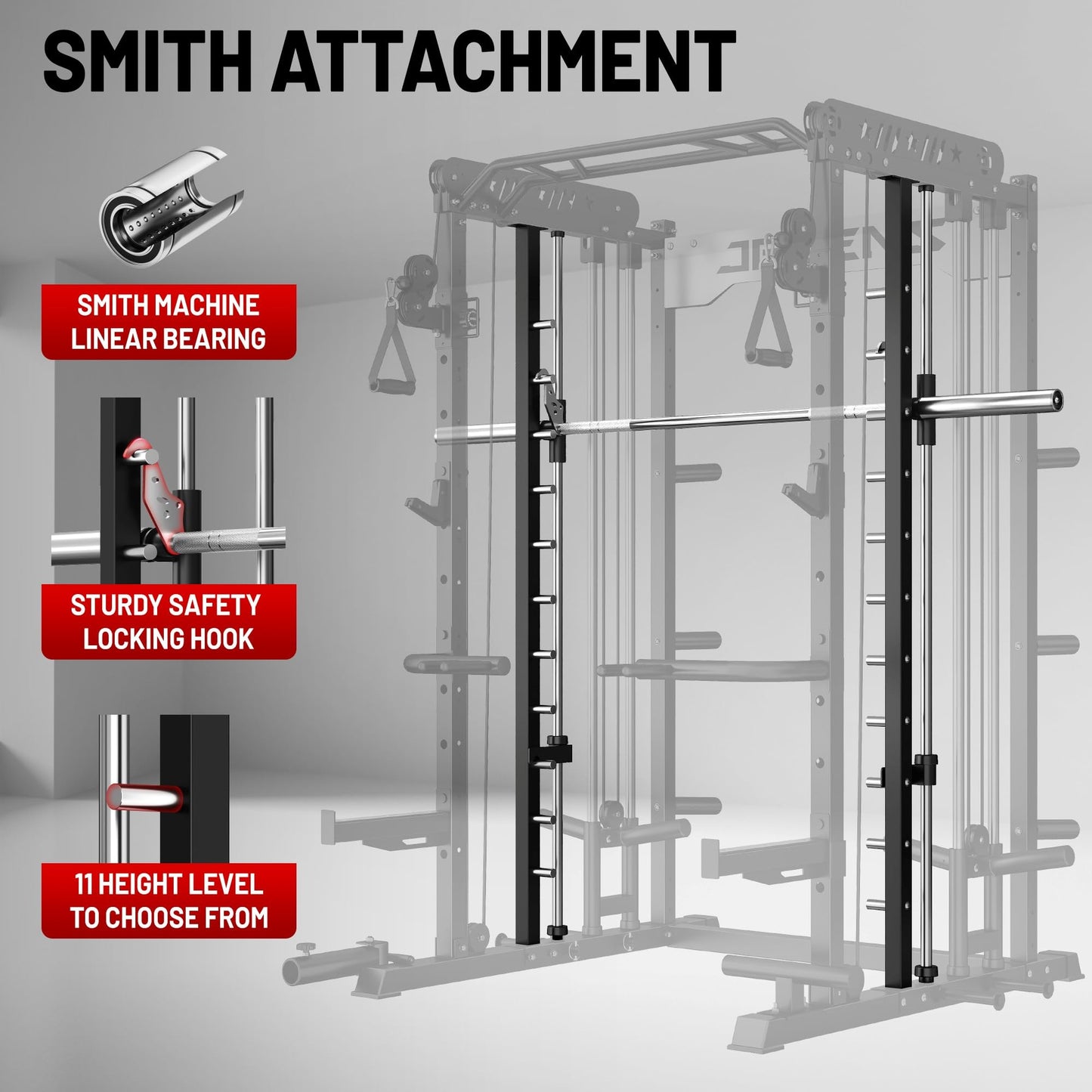JELENS Smith Machine for Home Gym, Multi-Function M12 Power Cage, Squat Rack with Smith Bar and More Attachment (Black, M12 Smith Machine)