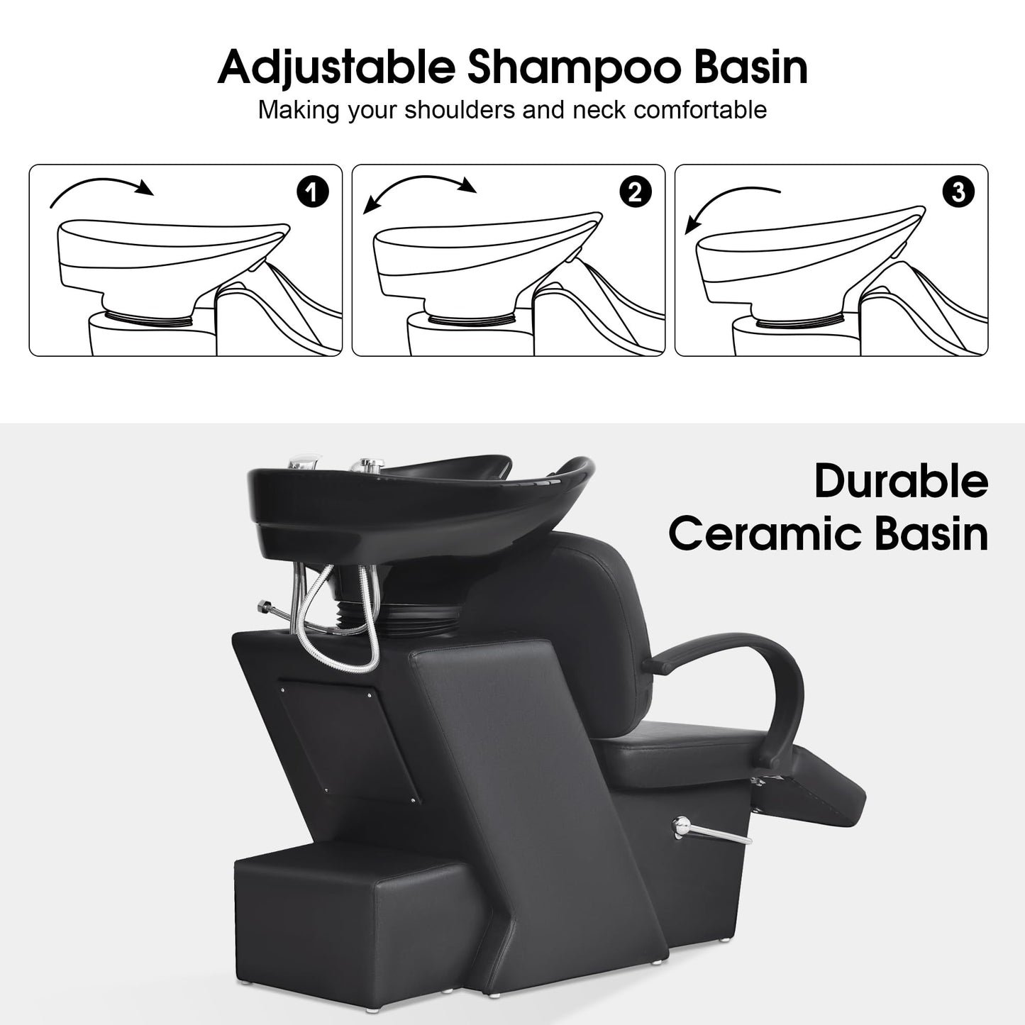 BarberPub Ceramic Bowl Shampoo Chair, Adjustable Backwash Sink, Hair Stylist Barber Chairs for Salon Beauty Spa Tattoo Unit Station 9051