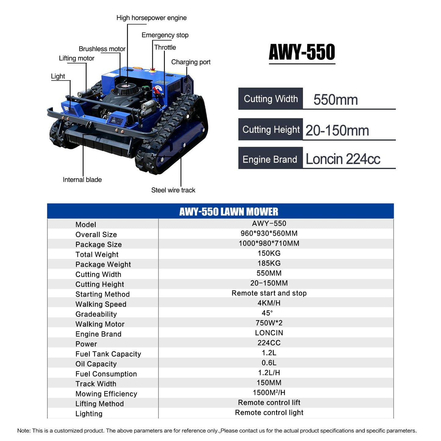 AIWEIYA-Remote Control Lawn Mower,Oil-Electric Hybrid Crawler Track Mower,1.1-5.9 Inch Cutting Height Professional Landscape and Estate Mower for 100% Slope(45°) Large Turf Grass Cutting