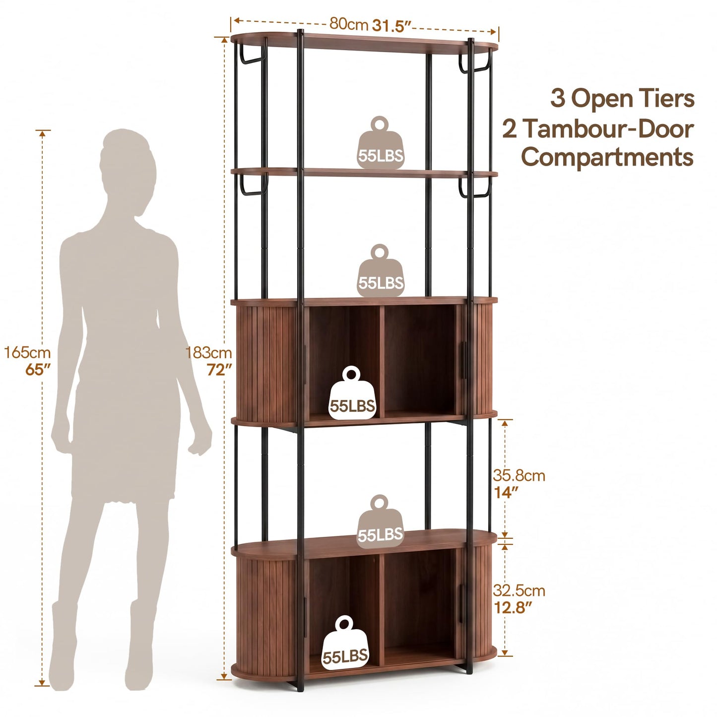 Afuly 72" Tall Bookshelf with Doors Mid Century Modern Walnut Book Shelf with Cabinet, 5 Shelf Bookcase for Display and Storage, Curved Bookshelves with Tambour Doors for Living Room Bedroom Office