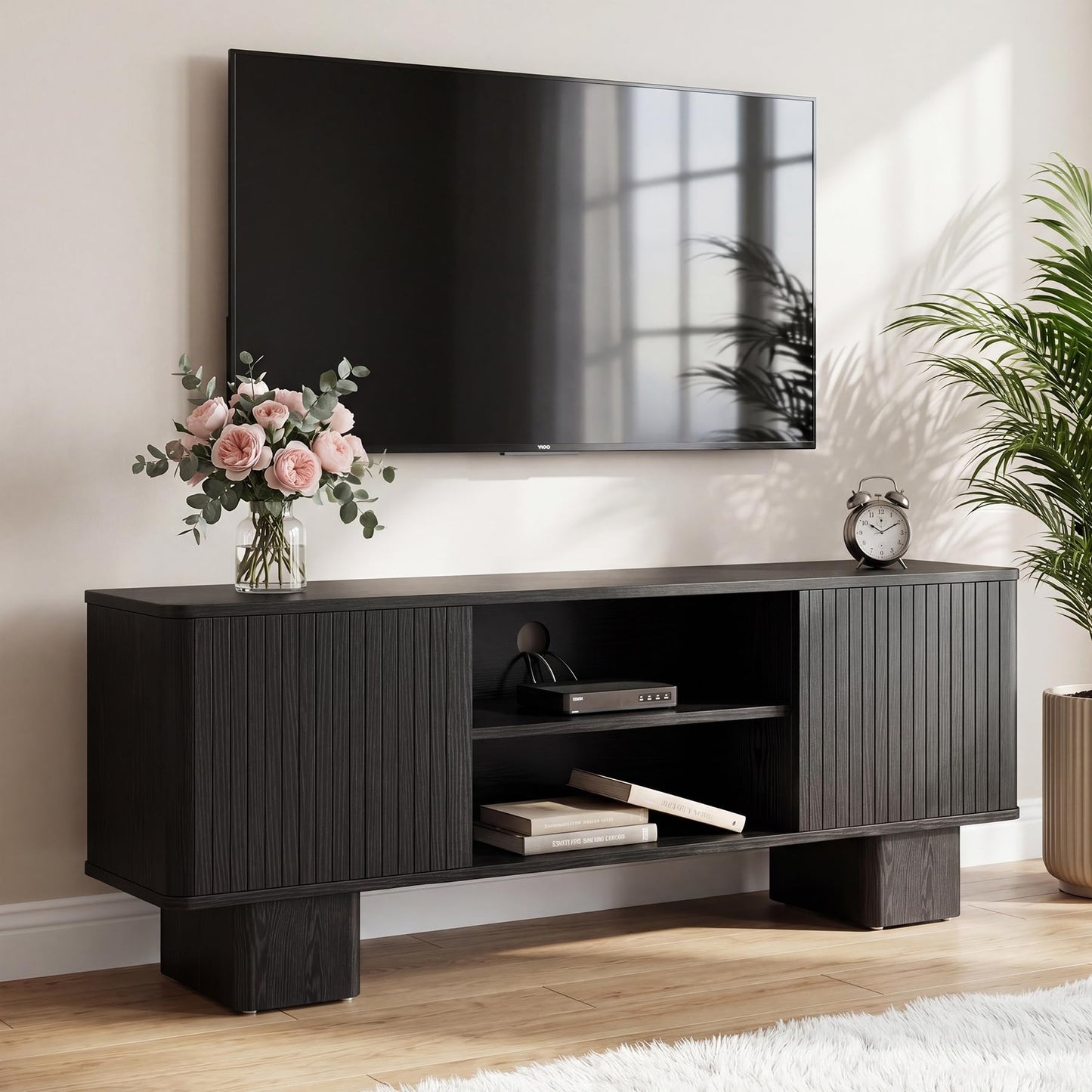 Tribesigns 63" Fluted TV Stand for TVs up to 70", TV Console with Hidden Storage, Adjustable Shelves and Fluted Door, Mid Century Modern Entertainment Center for Living Room, Bedroom, Black