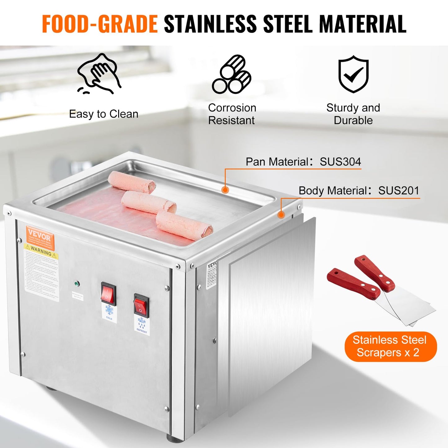 VEVOR Commercial Ice Roll Maker,Stir-Fried Yogurt Cream Machine 220W, Ice Cream Roll Machine with 9.4" x 11" Square Pan, Button Defrost Method with Food Shovels Perfect for Bars,Cafes Dessert Shops