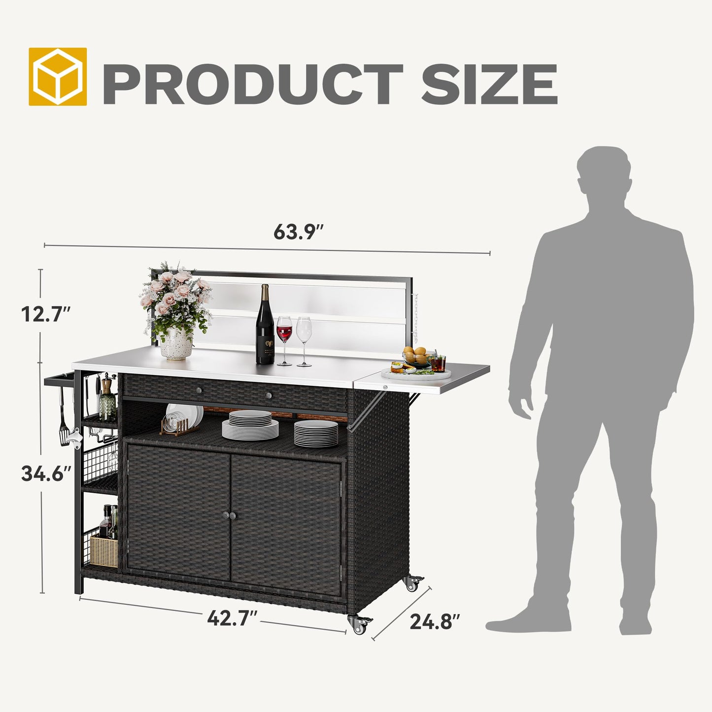 DWVO XL Outdoor Bar Table & Storage Cabinet, Wheels and Stainless Steel Extended Table Top, Patio Bar Table with Side Handle for Patio Kitchen or Bar Cart, Dark Brown