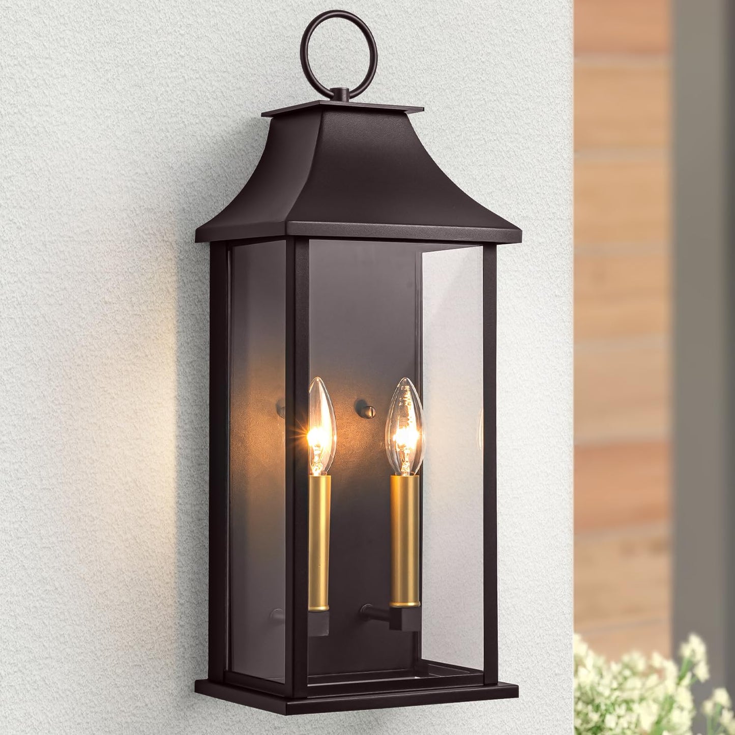 Lawyettle Outdoor Wall Light, 20.6in Bronze Dusk to Dawn Sconce, 2-Light Waterproof Aluminum Lantern, Model XG7008O-W2BR
