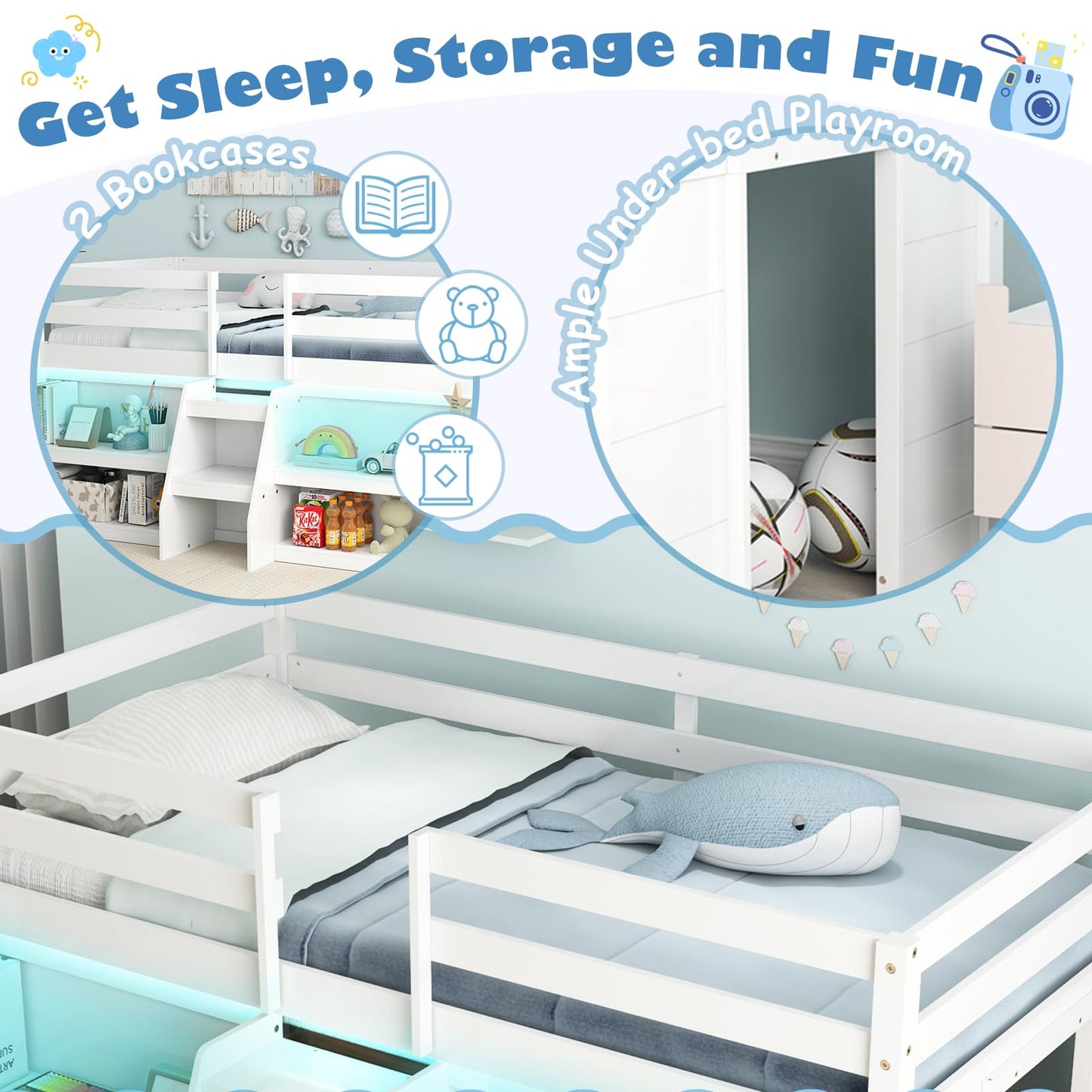 KOMFOTT Low Loft Bed with LED Light & 2 Bookcases, Wood Kids Twin Bed with Under-Bed Play Space, Stairs & Guardrails, No Box Spring Needed, Modern Low Loft Bed Frame, White