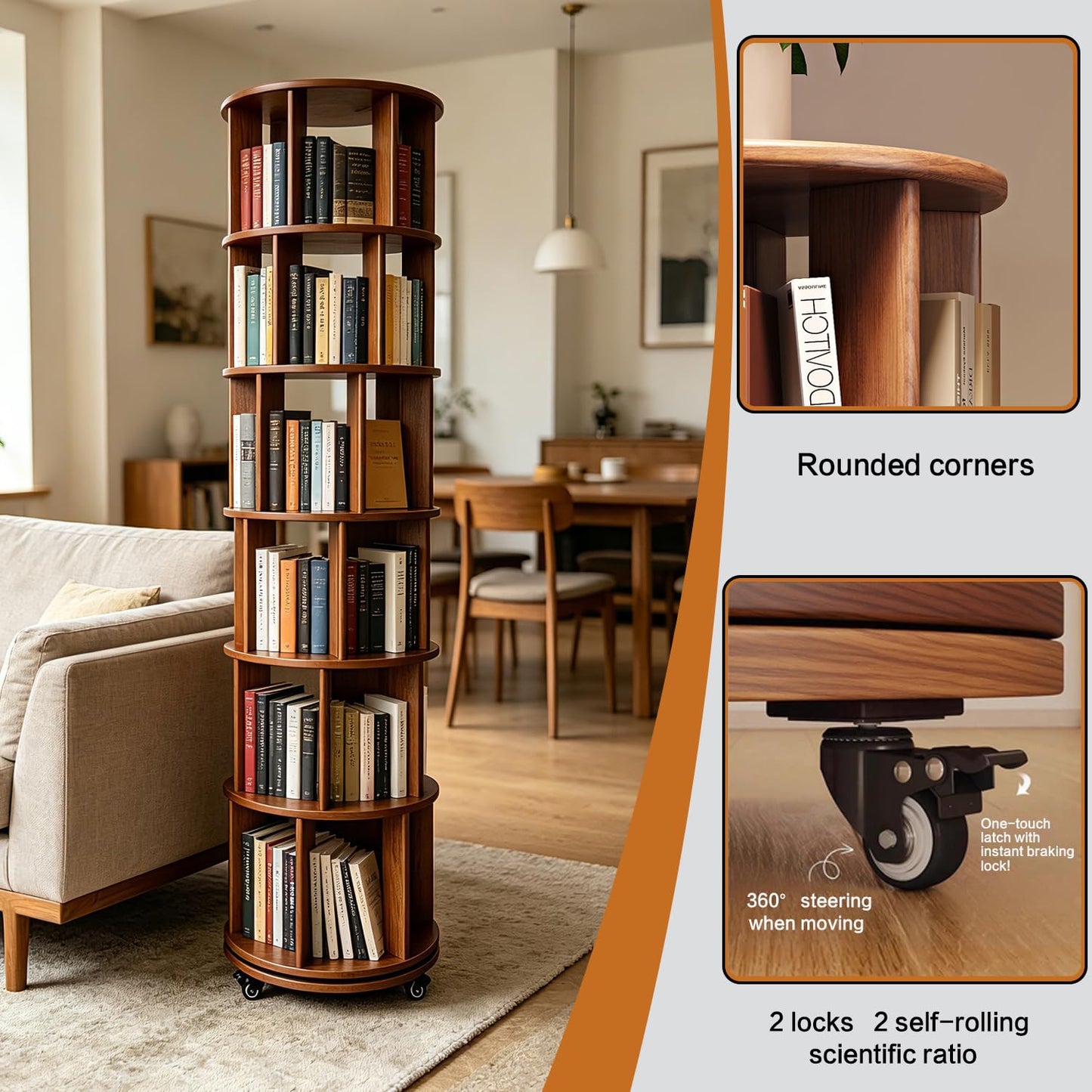 6-Tier Rubberwood Rotating Bookshelf, 360° Spinning Bookcase with Lockable Wheels, Space-Saving Freestanding Corner Storage Rack, Walnut Finish, 17.3"D×17.3"W×78.5"H for Living Room Office Bedroom