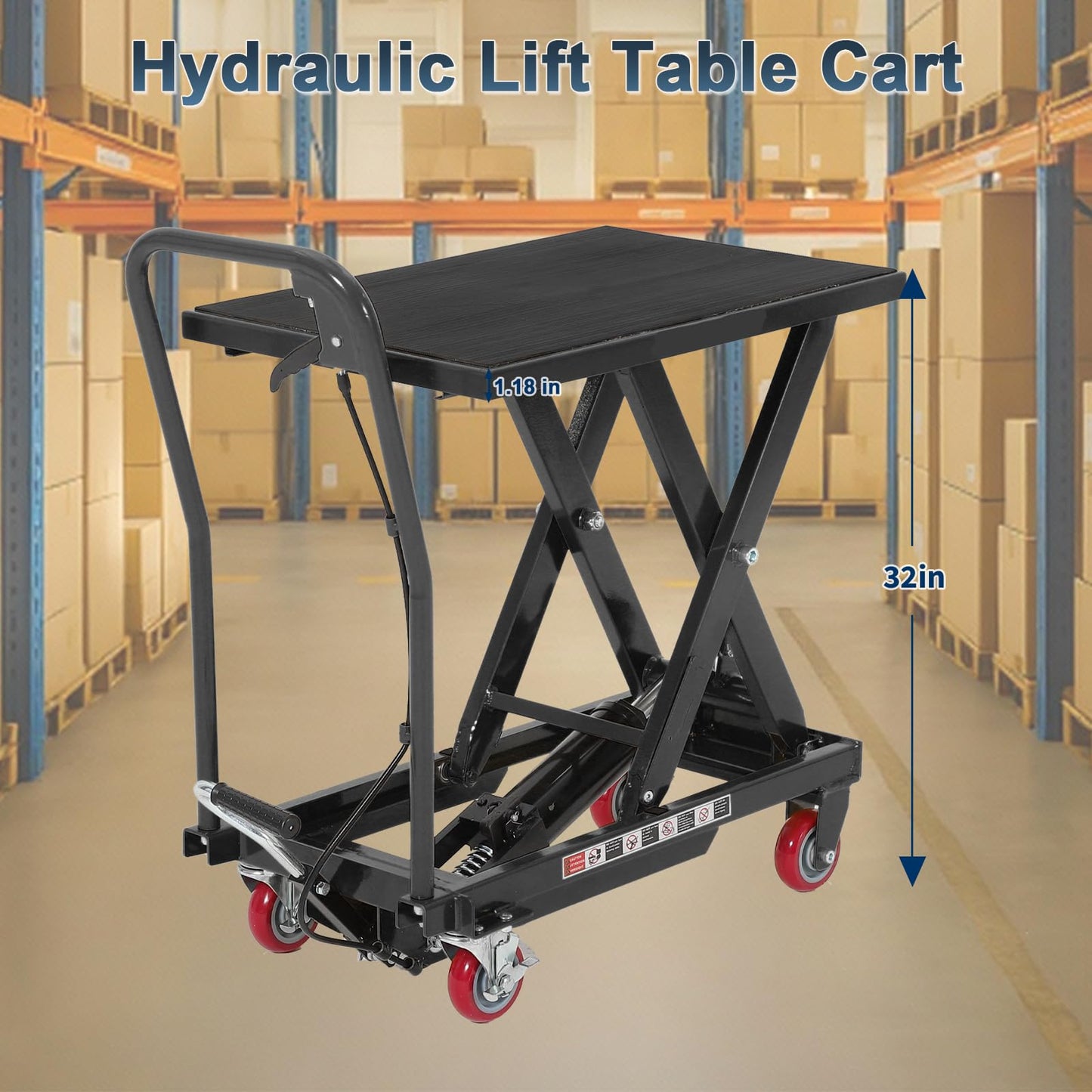 Hydraulic Lift Table Cart, 1100 LB Capacity, 10-32 in Lifting Range, Manual Single Scissor Lifting Cart with Non Slip Pad & Wheels, Heavy Duty Lift Table for Transportation, Black