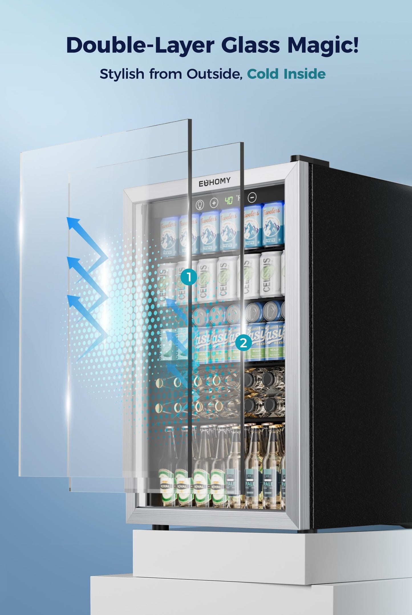 EUHOMY 4.5 Cu.ft Beverage Refrigerator and Cooler, 145 Can Mini fridge with Glass Door for Soda Beer Wine, Small Drink Dispenser with Digital Adjustable Thermostat for Home Office Bar