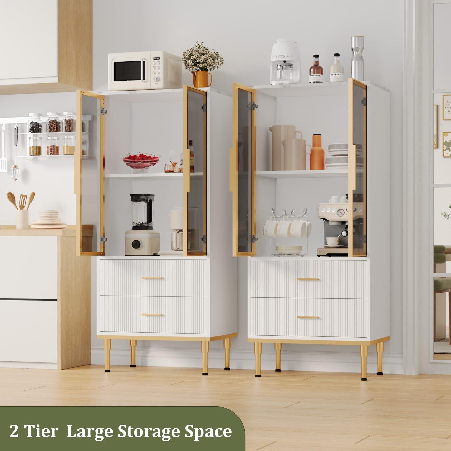 Fluted Glass Door Storage Cabinet - Modern White Display Cabinet with Adjustable Shelves & 2 Drawers for Kitchen Pantry or Living Room Organization(White)