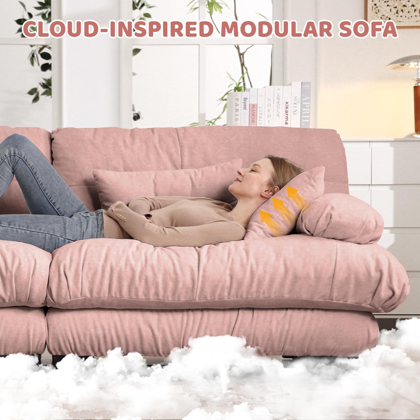 KEIKI 94 Inch Cloud Couch Sectional Sofa, Convertible L-Shaped Sleeper Sofa Set with Movable Ottoman, 3-Seater Chenille Upholstered Sofabed for Living Room Lounge, Deep Seating, Easy Assembly, Pink