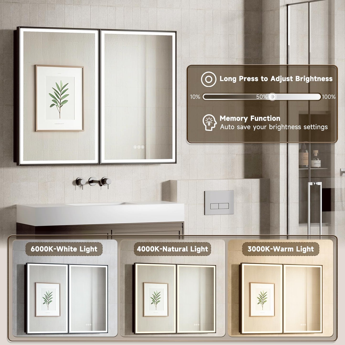 HGLITEDMIR 16x24 Inch Lighted Medicine Cabinet Gold Aluminum Frame 3-Color Dimmable LED Anti-Fog Mirror Surface & Recessed Mount for Bathroom Hotel Apartment Dressing Room Entryway