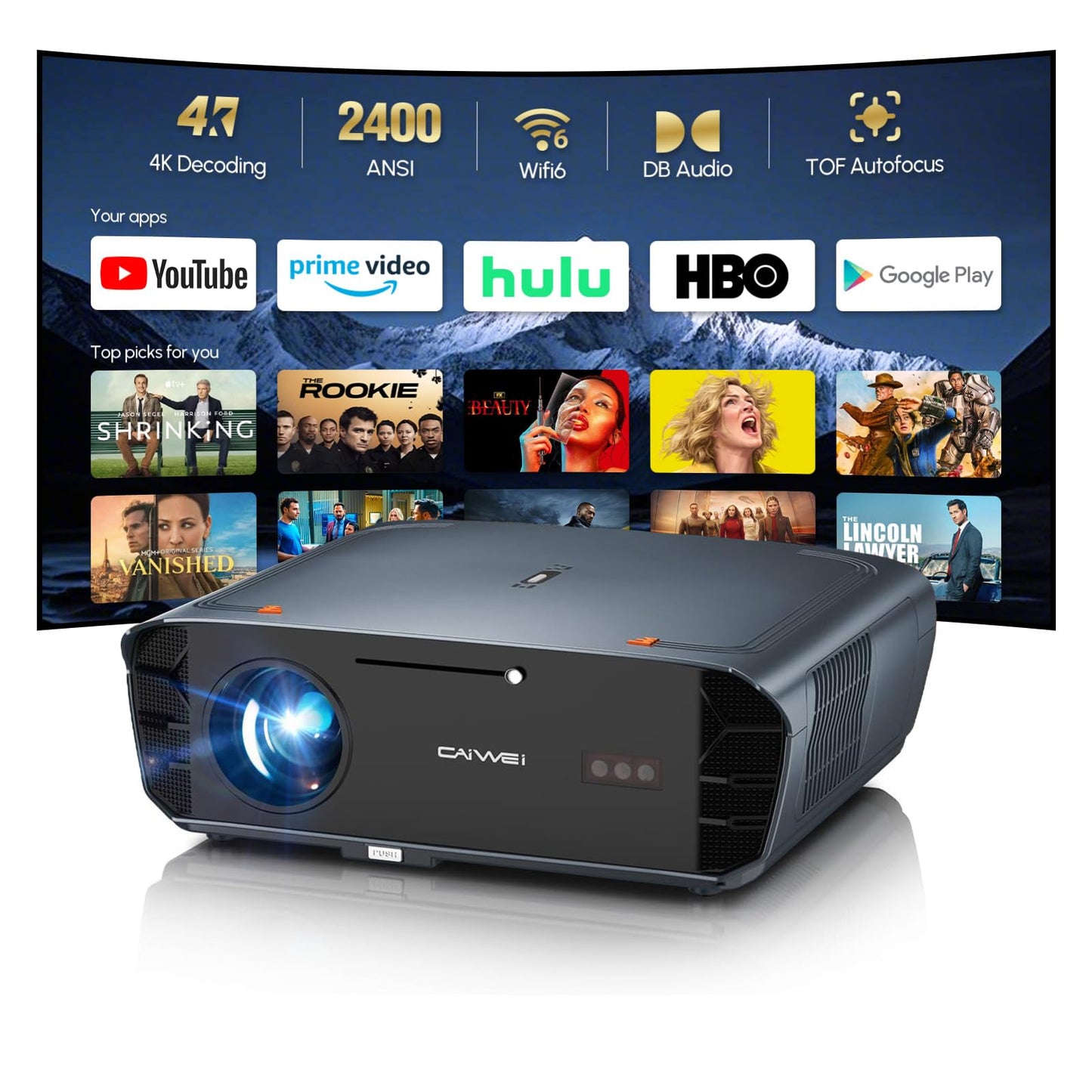 Smart Projector 4K with Google TV, 2400 ANSI Lumens Daytime Viewing, HDR10, NFC, WiFi 6,Bluetooth 5.4, DB Audio, HDMI ARC 2.1,Auto Focus&Keystone,Zoom,Ceiling Mount Home Theater Movie&Gaming Projector