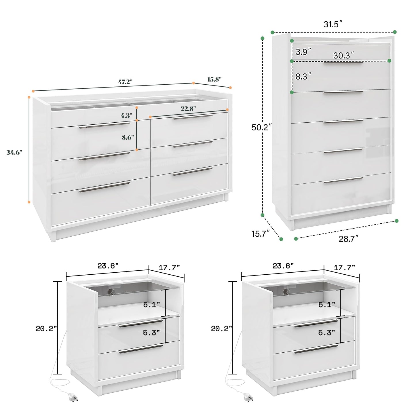 AMERLIFE 4 Piece Bedroom Furniture Set, 2 Nightstands with Charging Station, 8 Drawer Dresser with LED Light & 5 Drawer Chest, Modern High Gloss UV Finish, Bedroom Storage Organizer, White