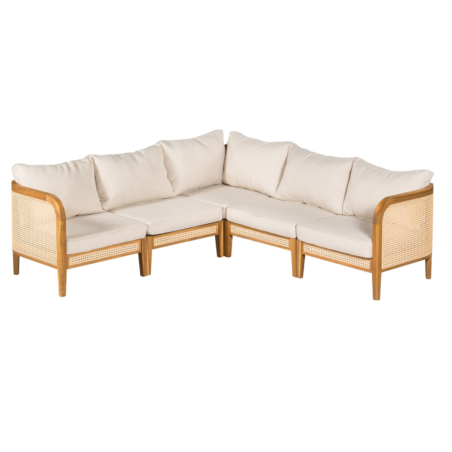 Merax 5 Piece Patio Outdoor Furniture Set, All-Weather Rattan Wicker L-Shaped Sectional Sofa w/Cushions, Acacia Wood 5-Seater Couch Set for Porch, Lawn, Backyard, Balcony, Teak+ Beige