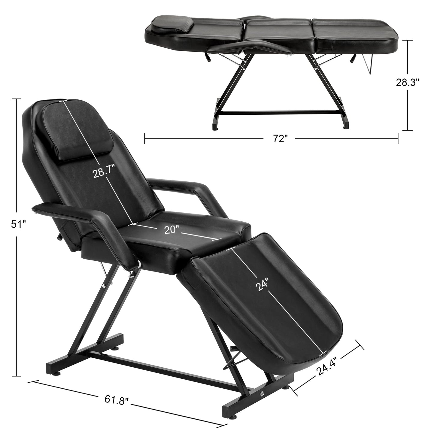 BarberPub Adjustable Tattoo Chair, 72" Multi-Purpose Facial Bed, Tattoo Treatment Table for Clients & Estheticians, 0015 (Black)
