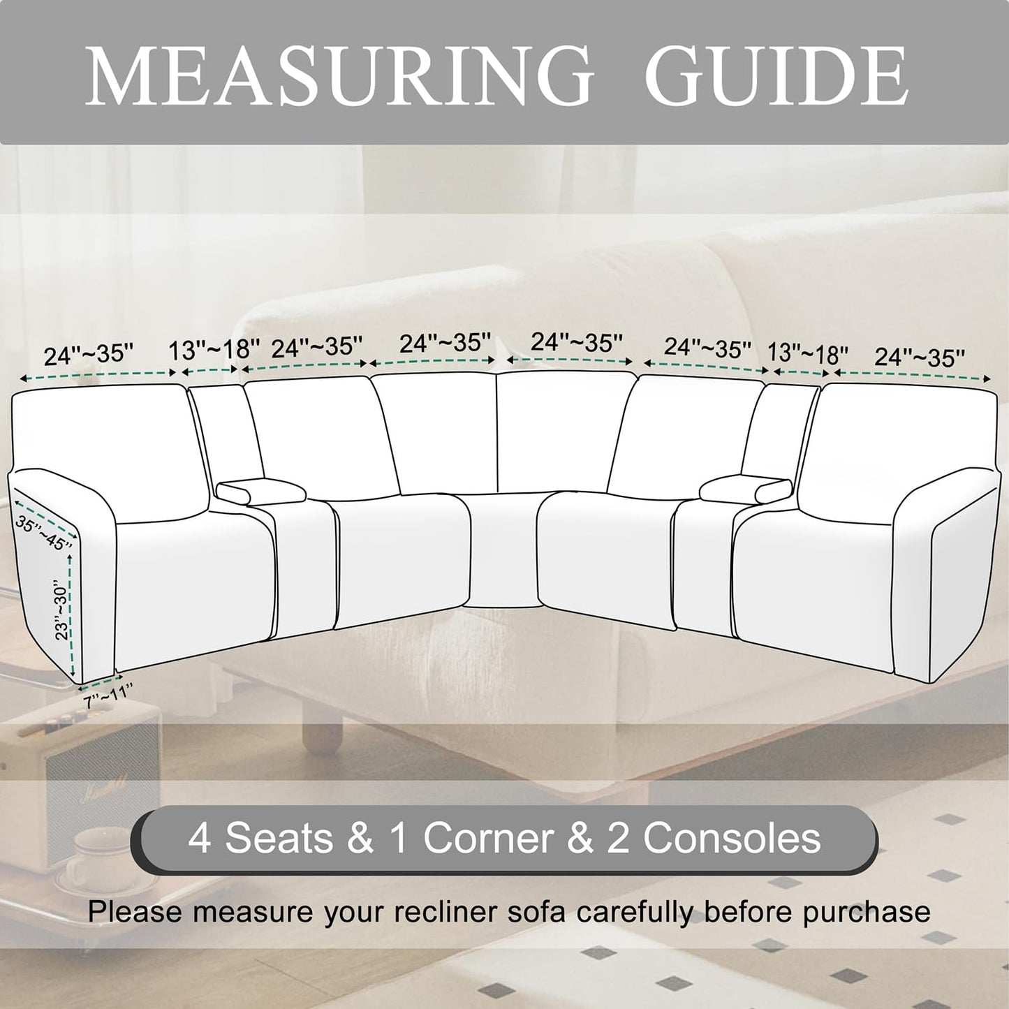 HDCAXKJ Reclining Sectional Couch Covers Velvet L Shaped Sectional Sofa Cover Washable Stretch Soft Corner Recliner Slipcover with Non-Slip Elastic Bottom (5 Seat and 2 Middle Console, Sage Green)