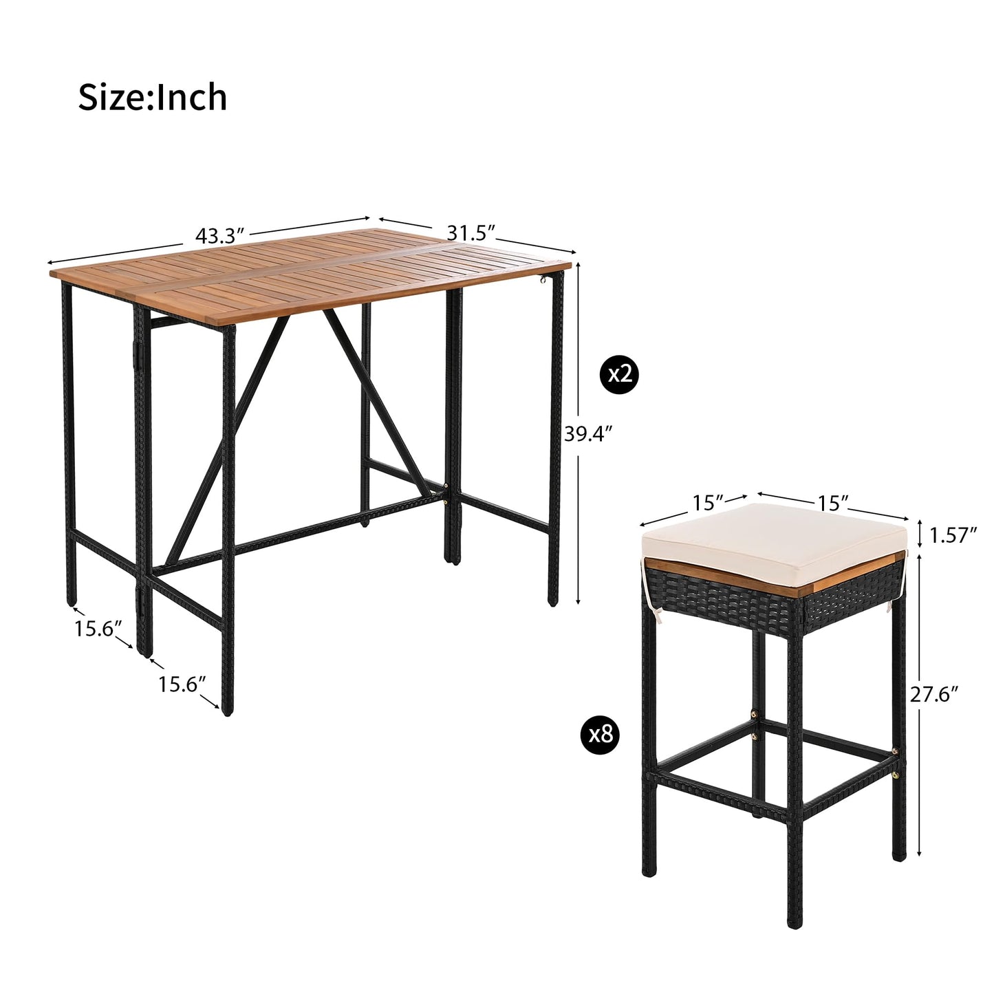 Merax 10-Piece Patio Table and Chairs Set for 8, Counter Height Acacia Wood PE Rattan Wicker Dining Table and 8 Stools with Cushions, Foldable Tabletop, Outdoor All-Weather Dining Table Set, Brown
