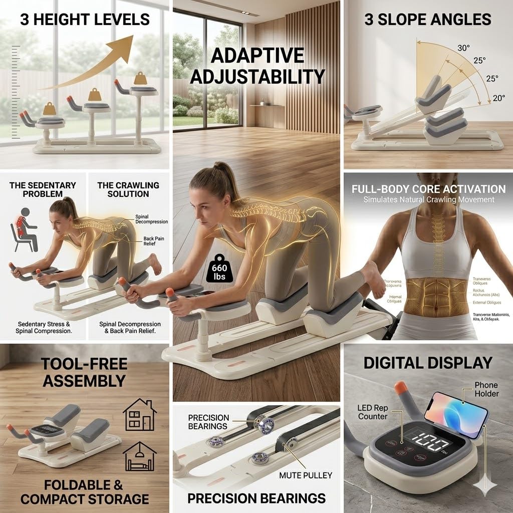 Crawling Training Machine Noiseless Spine Twist & Stretch Trainer Effective Waist & Spine Workout, 3 Adjustable Height LED Counter 230kg Capacity,Detachable,for Full-Body WorkoutWhite,57 in